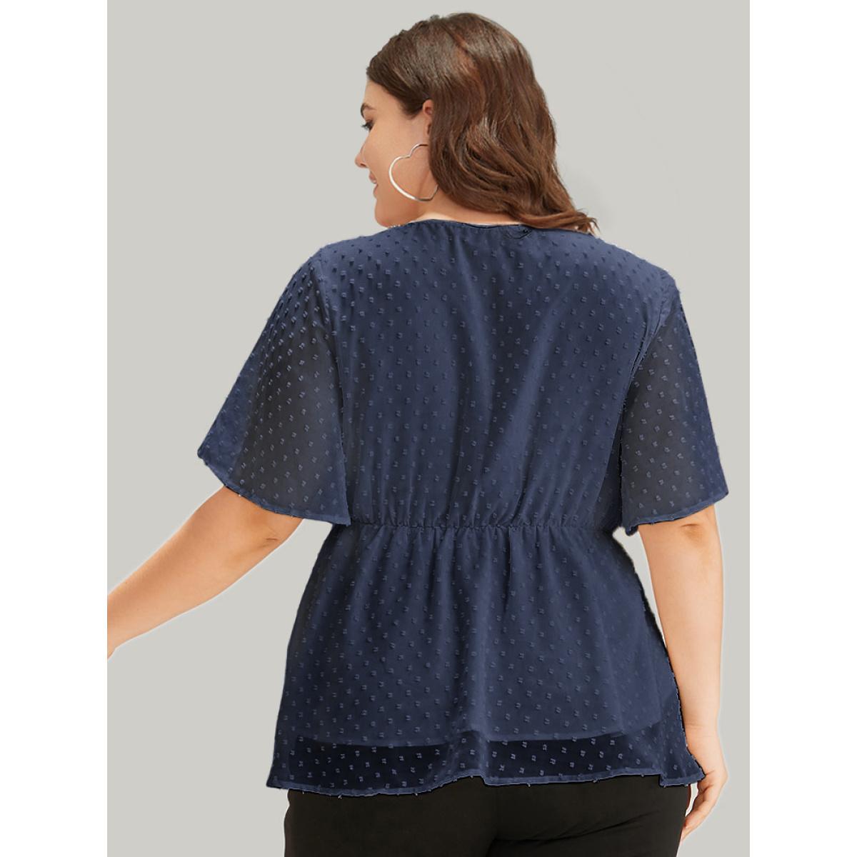 Plus Size Indigo Polka Dot Keyhole Mesh Gathered Flutter Sleeve Blouse Women Office Short sleeve V-neck Work Blouses BloomChic 18-20/2X Product Image