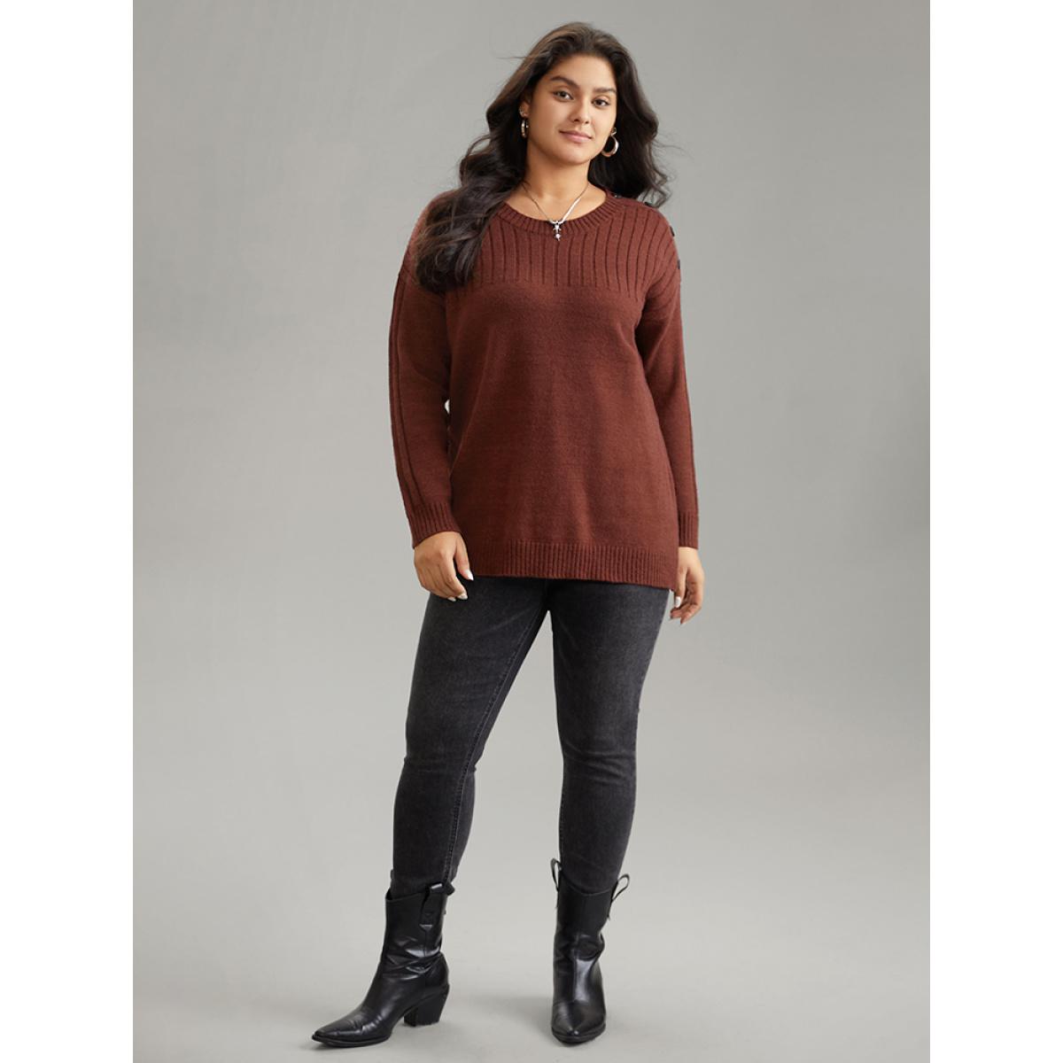Plus Size Supersoft Essentials Solid Button Detail Knit Pullover Burgundy Women Casual Loose Long Sleeve Round Neck Dailywear Pullovers BloomChic 14-16/1X Product Image