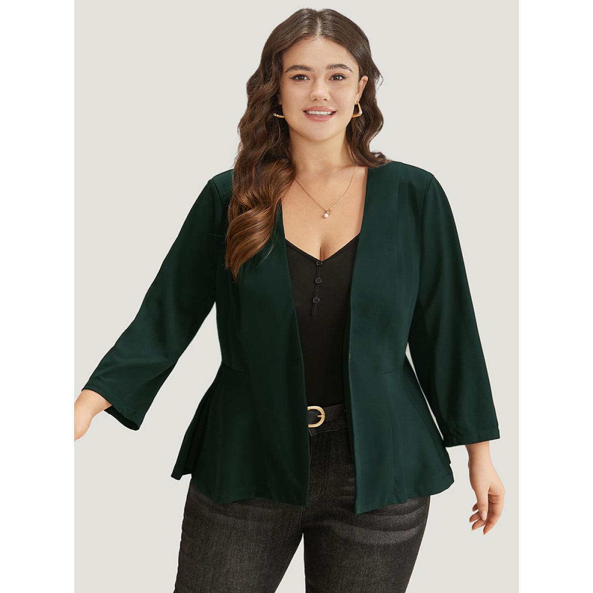 Plus Size Plain Button Up Ruffle Hem Blazer Green Women Dailywear Plain Plain Sleeve Long Sleeve V-neck 26/4X Casual Blazers BloomChic Product Image