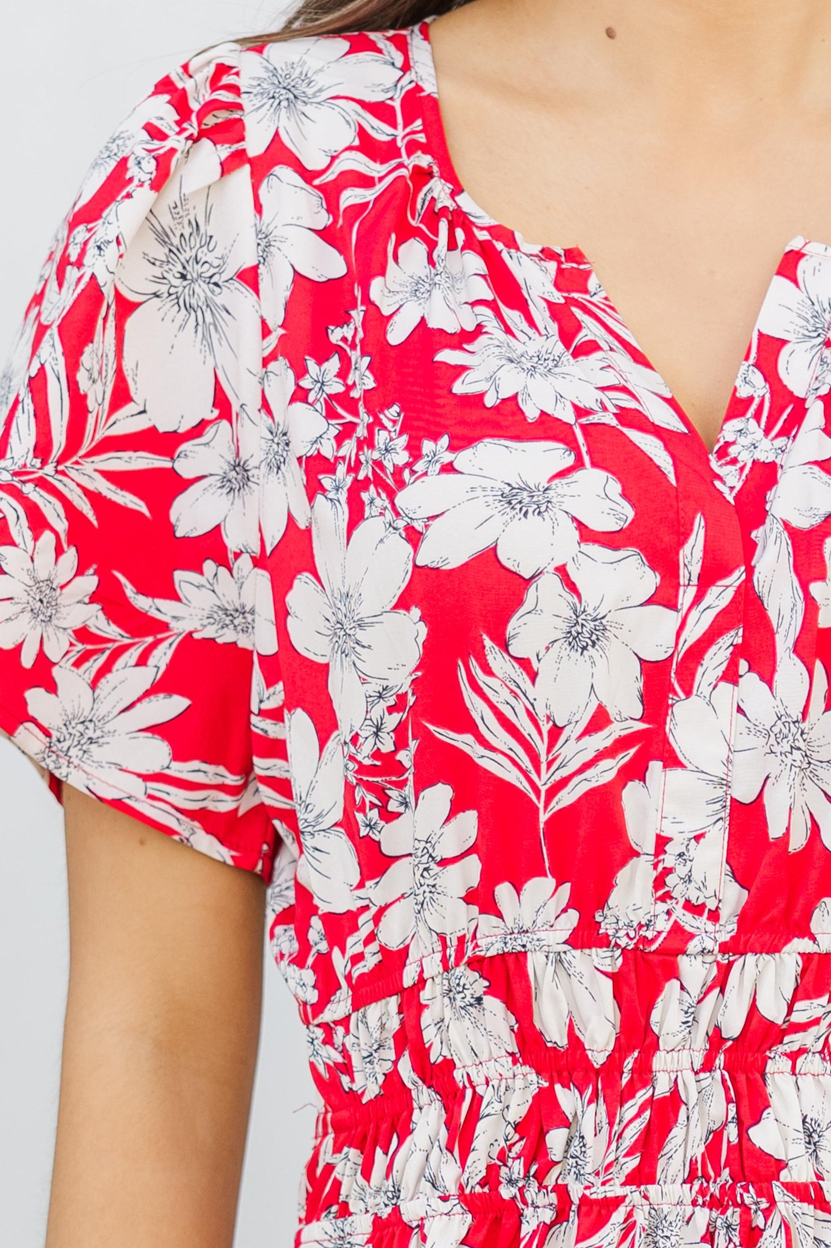 It's In The Air Red Floral Tiered Midi Dress Female Product Image