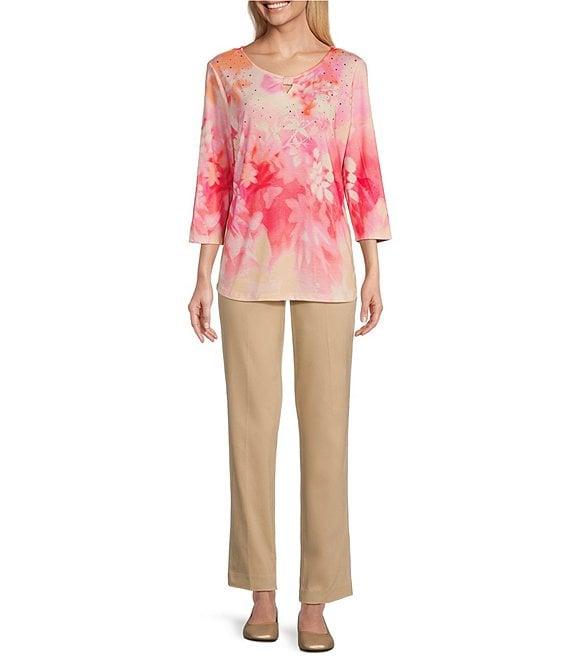 Allison Daley Ombre Floral Print 3/4 Sleeve Keyhole Neck Knot Knit Top Product Image