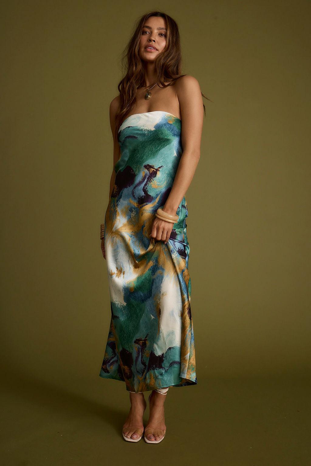 Natalia Blue and Gold Watercolor Strapless Maxi Dress Product Image