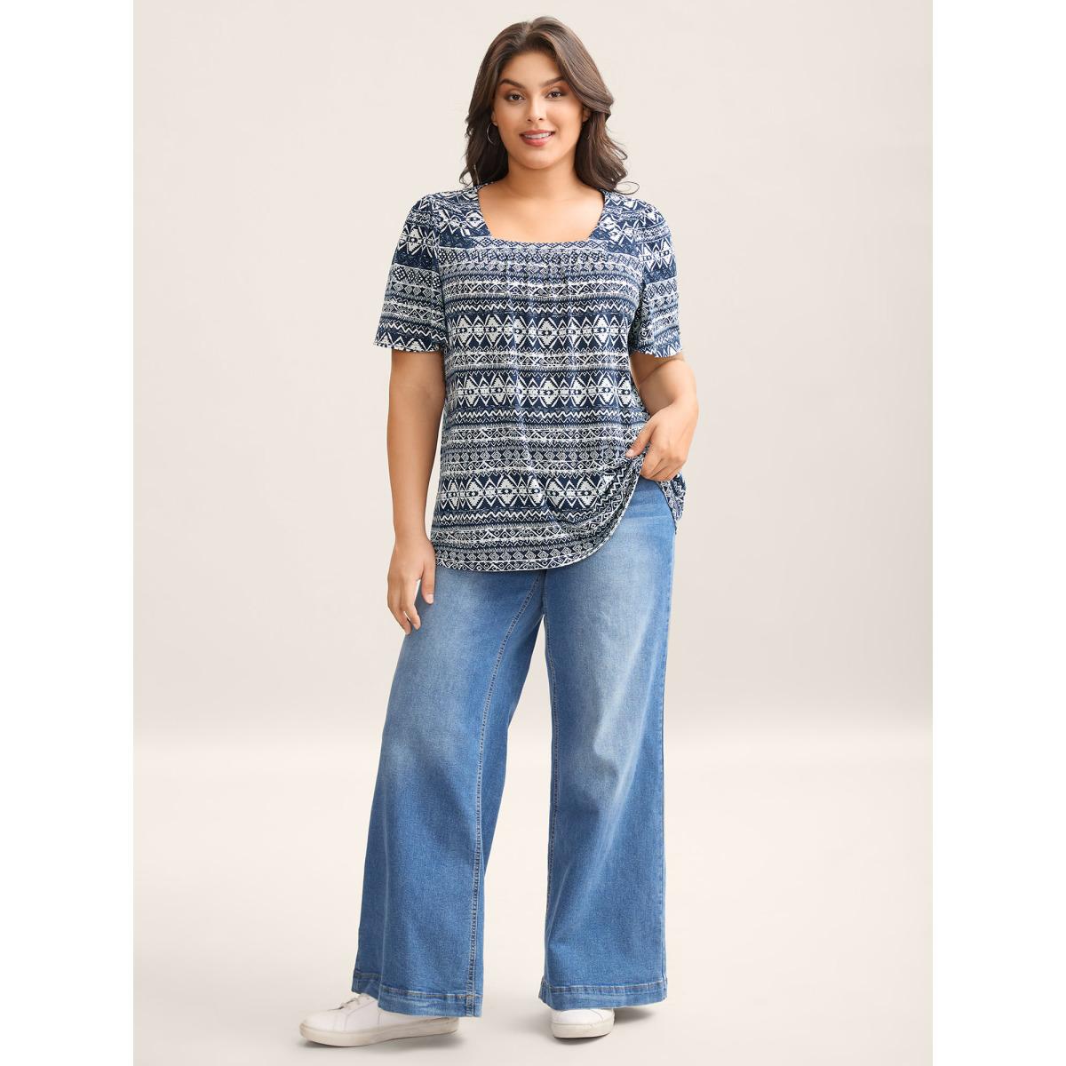 Plus Size Boho Print Square Neck T-Shirt Indigo Women Leisure Gathered Square Neck Casual T-shirts BloomChic 18-20/2X Product Image