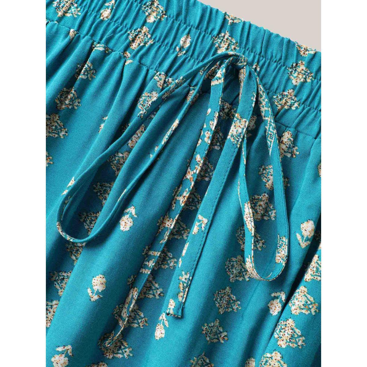 Plus Size Boho Geometric Print Tiered Maxi Skirt Women Turquoise Elegant Drawstring Bodycon Low stretch Slanted pocket Everyday-Elegant Skirts BloomChic 26/4X Product Image
