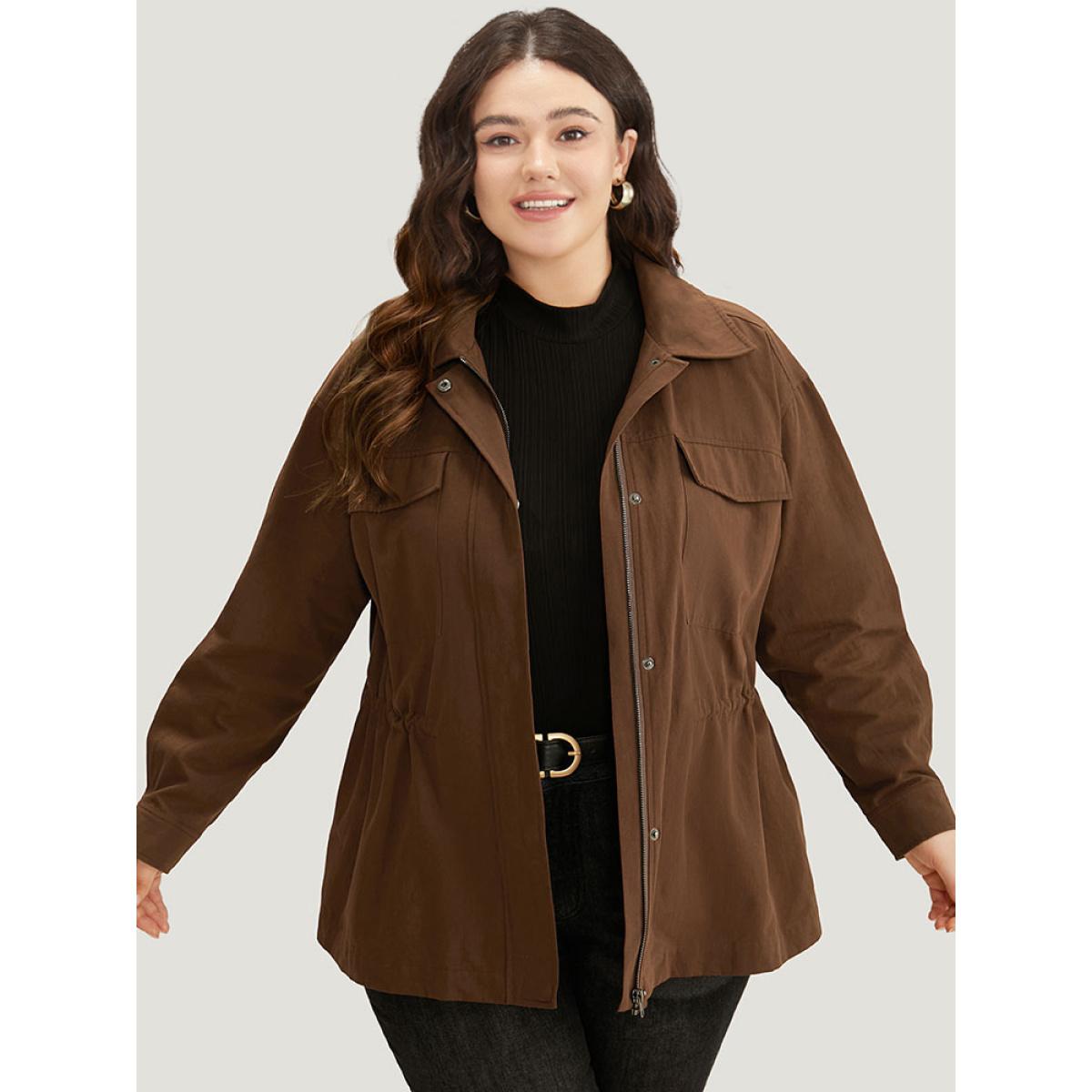 Plus Size Plain Flap Pocket Gathered Coat Women Maroon Casual Gathered Ladies Dailywear Winter Coats BloomChic 28/5X Product Image