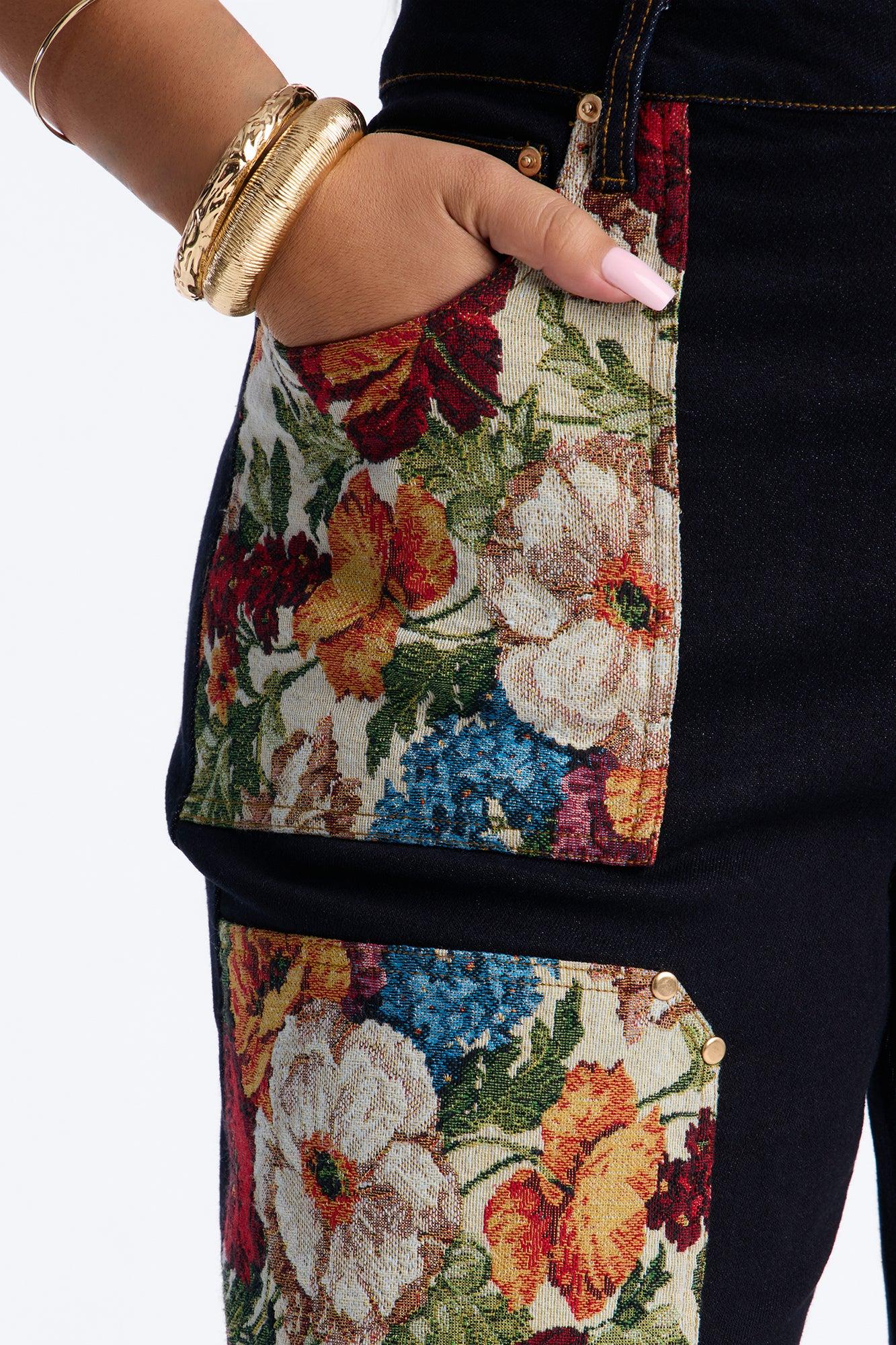 Heirloom Bloom Tapestry Utility Straight Leg Jeans - Dark Denim Female Product Image