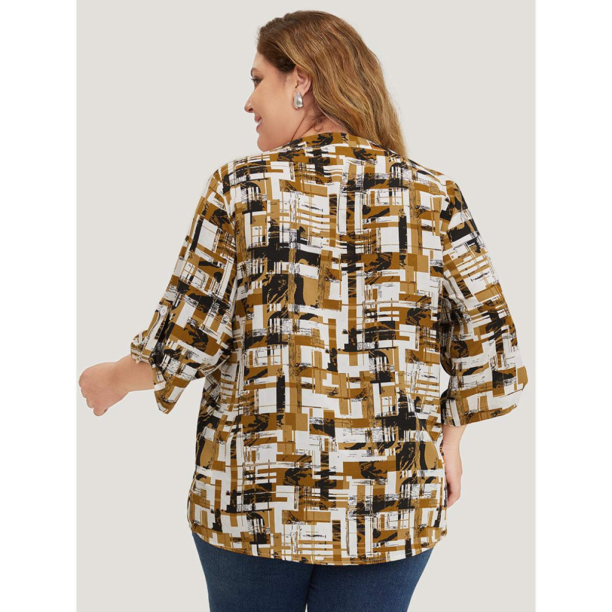 Plus Size Bronze Graphic Print Notched Button Detail Cuffed Sleeve Blouse Women Office Elbow-length sleeve Notched collar Office Blouses BloomChic 28/5X Product Image