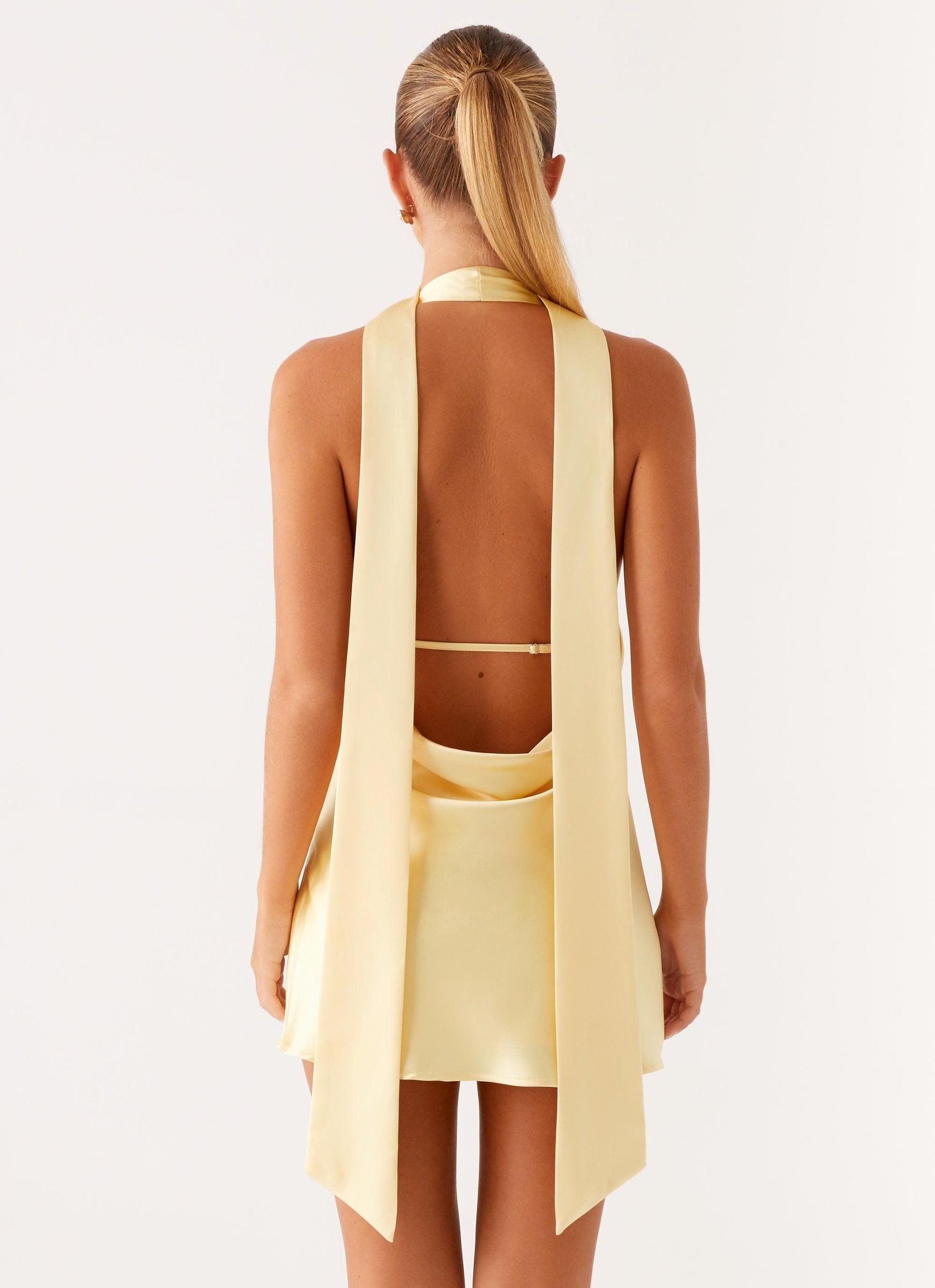 Alicia Satin Halter Mini Dress - Pastel Yellow Product Image