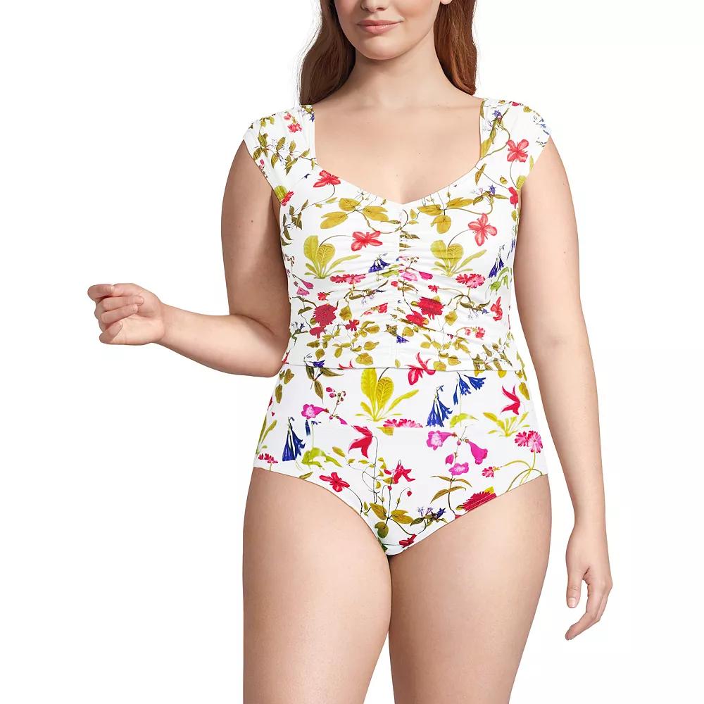 Plus Size Lands' End Ruched Cap Sleeve Tankini Top, Women's, Size: 18 W, White Garden Floral Product Image