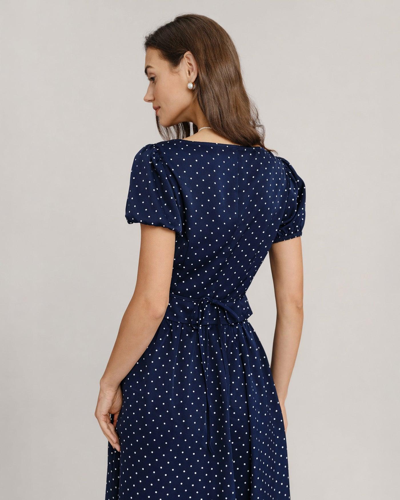 Blue Square Neck Polka Dot Blouse Product Image