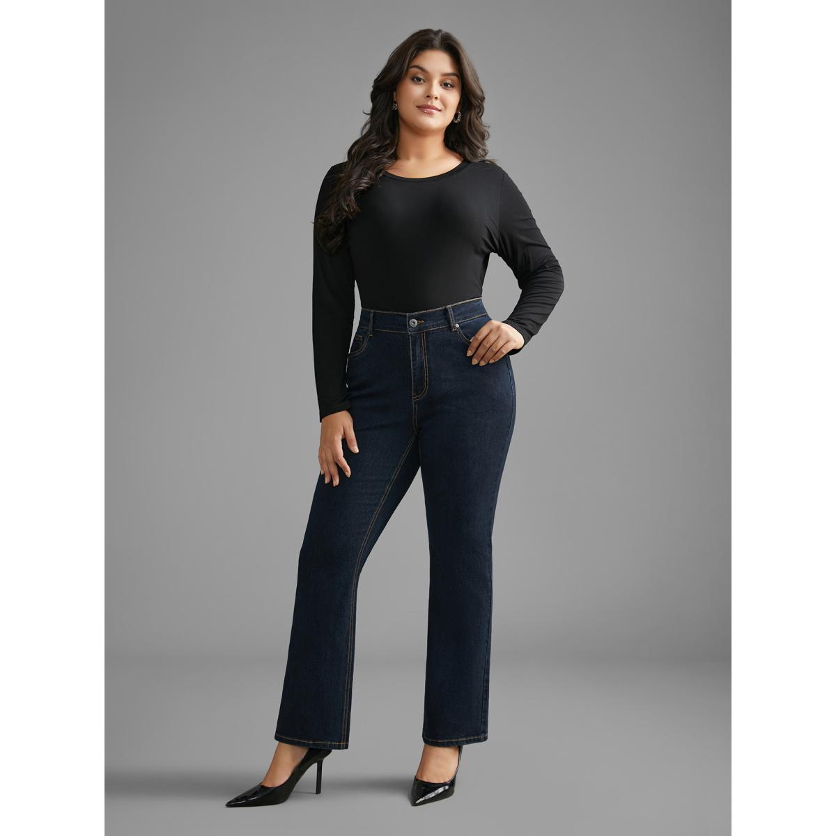 Plus Size Mid Rise Stretchy Bootcut Jeans Women Darkindigo Elegant Button Medium stretch Slanted pocket Jeans BloomChic 22/3X Product Image