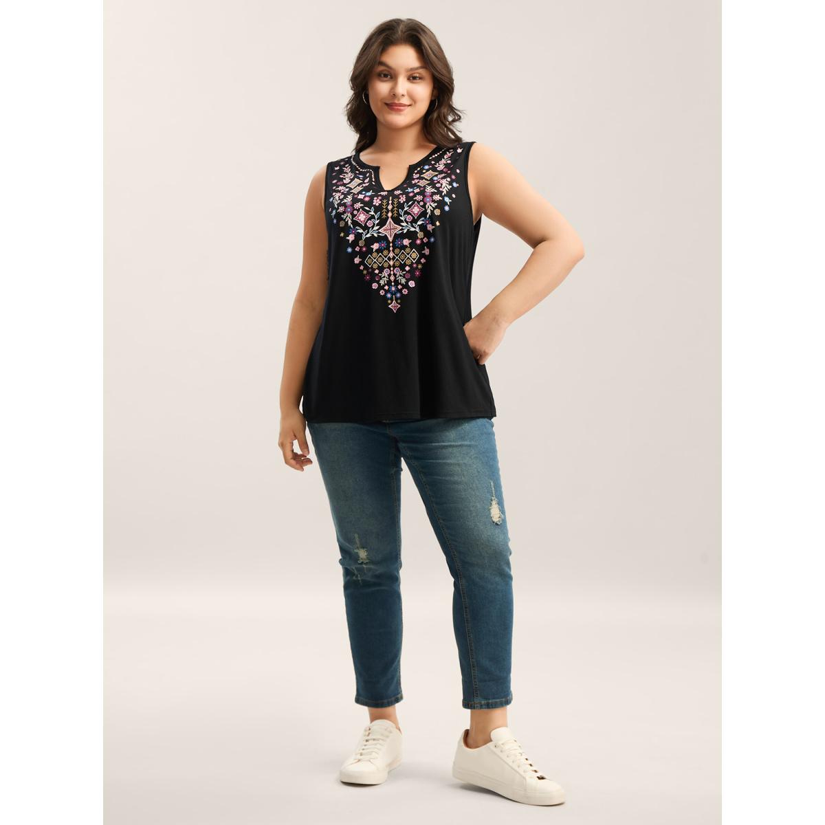 Plus Size Stretchy Boho Print Tank Top Women Black Leisure Non Flat collar with V-notch Casual Tank Tops Camis BloomChic 14-16/1X Product Image