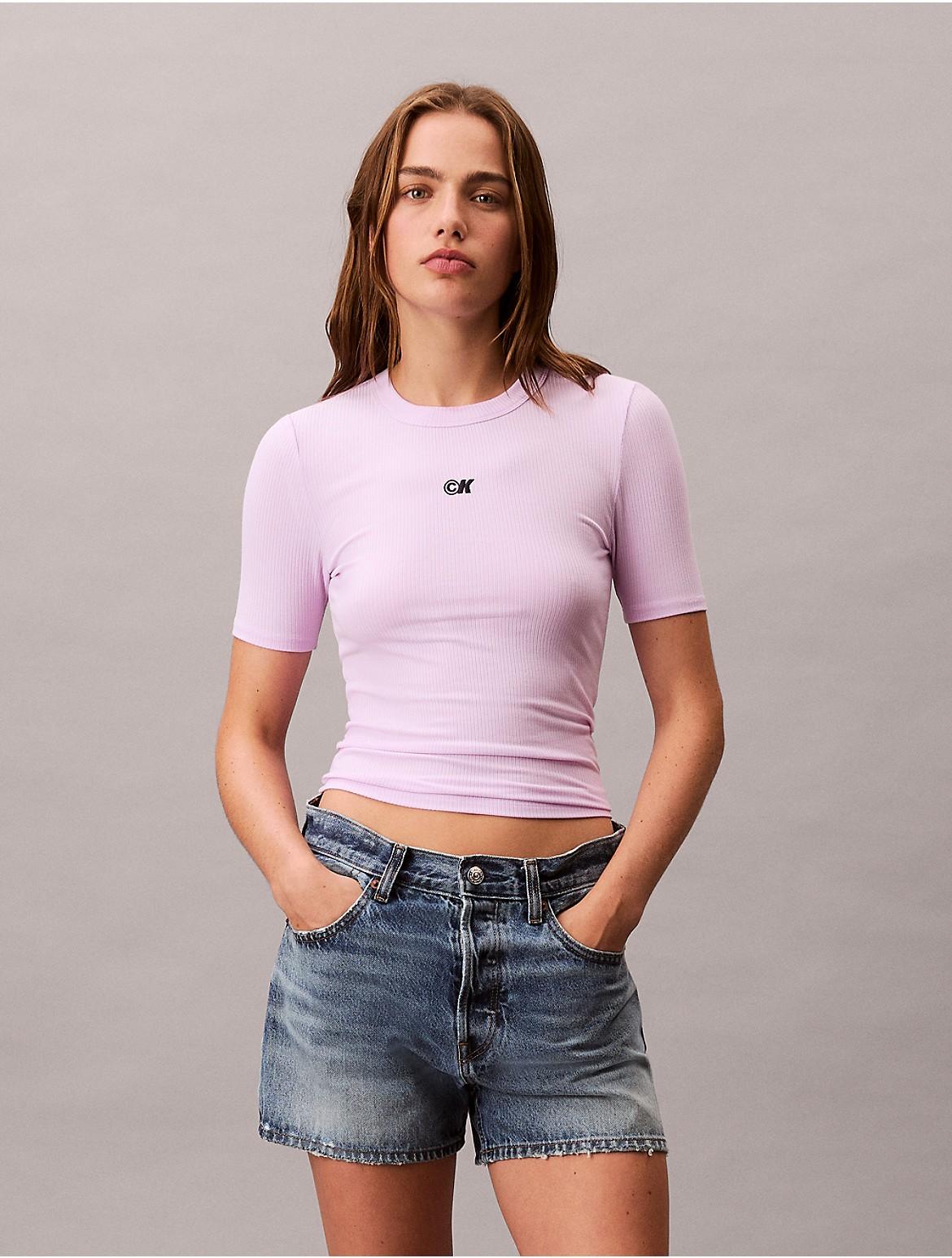 Calvin Klein Womens Modal Stretch Monogram Logo Graphic Slim T-Shirt - Purple Product Image