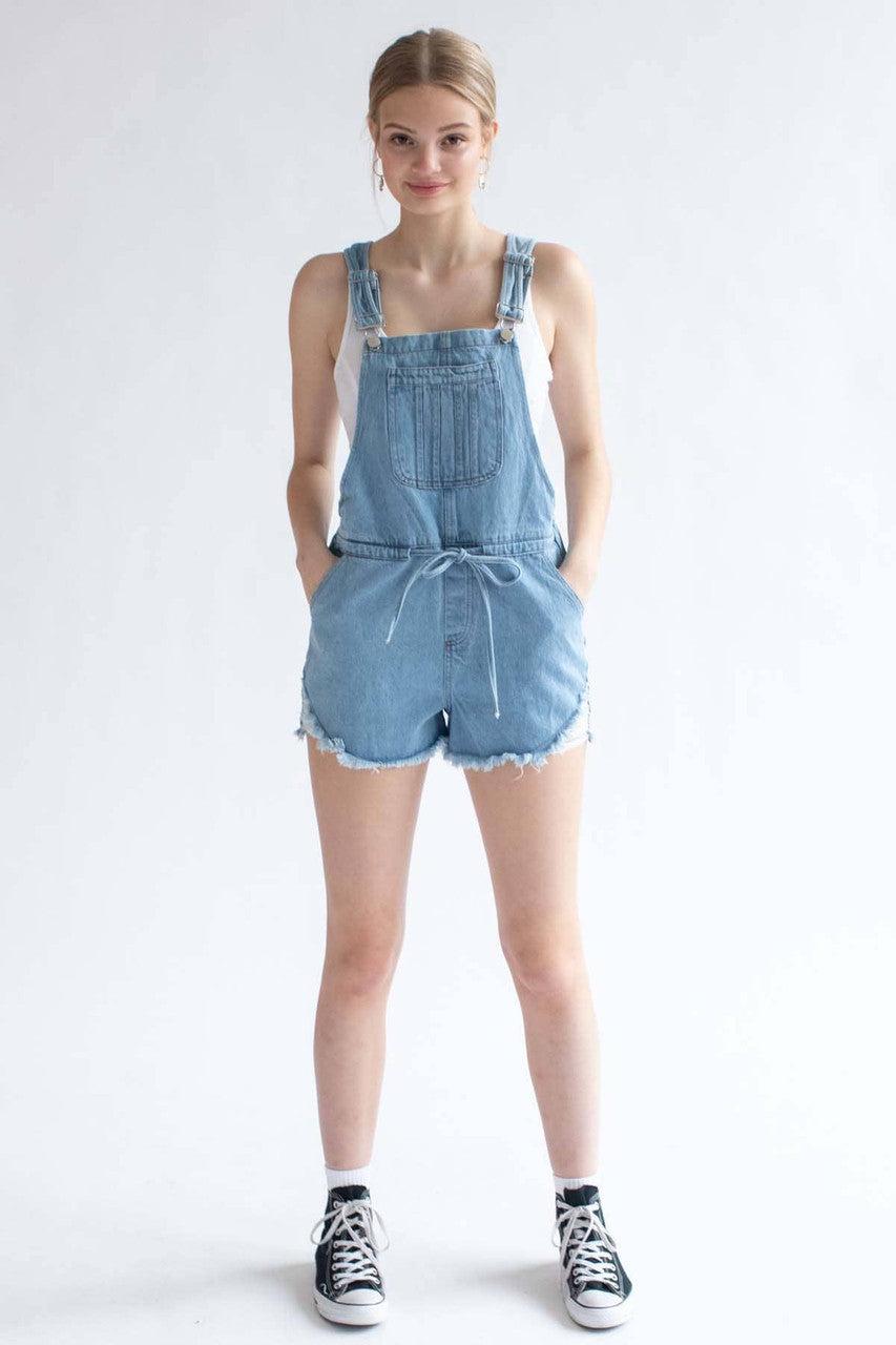 Light Wash Tie Waist Denim Overall Shorts Product Image