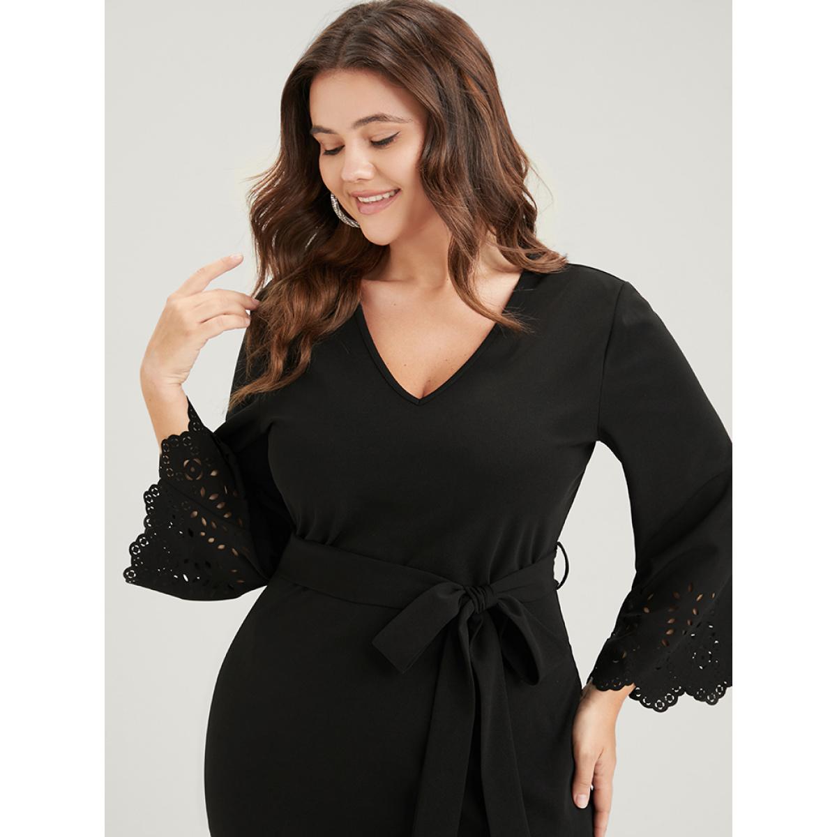 Plus Size Solid Laser Cut Bell Sleeve Belted Knee Dress Black Women Glamour Plain V-neck Elbow-length sleeve Curvy Knee Dress BloomChic 10/M Product Image