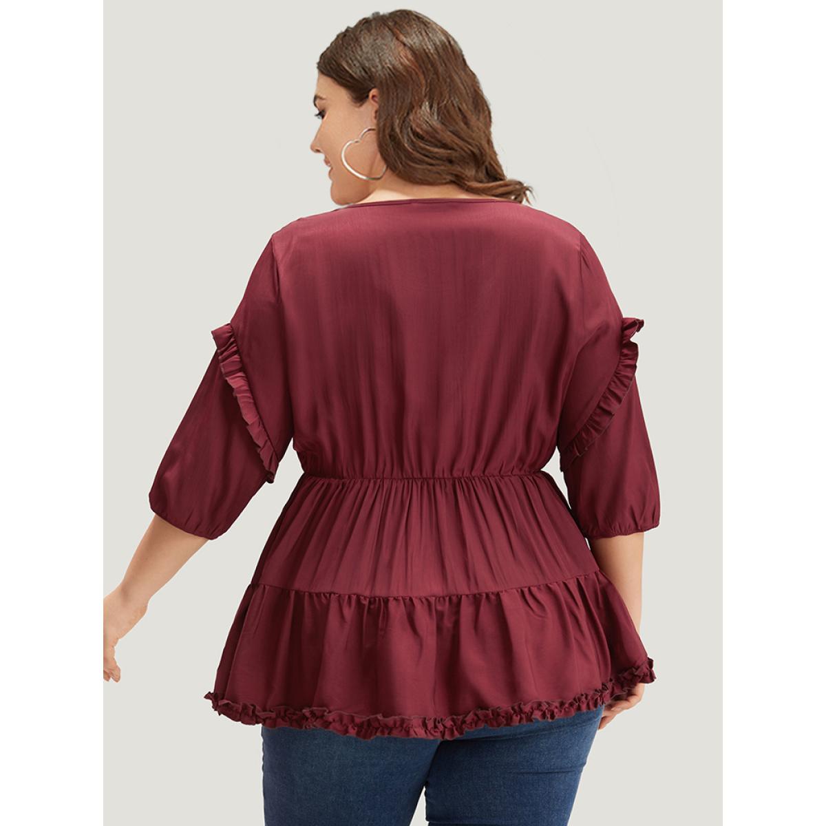 Plus Size Burgundy Plain Frill Trim Layered Hem Lantern Sleeve Blouse Women Elegant Elbow-length sleeve Round Neck Dailywear Blouses BloomChic 22-24/3X Product Image
