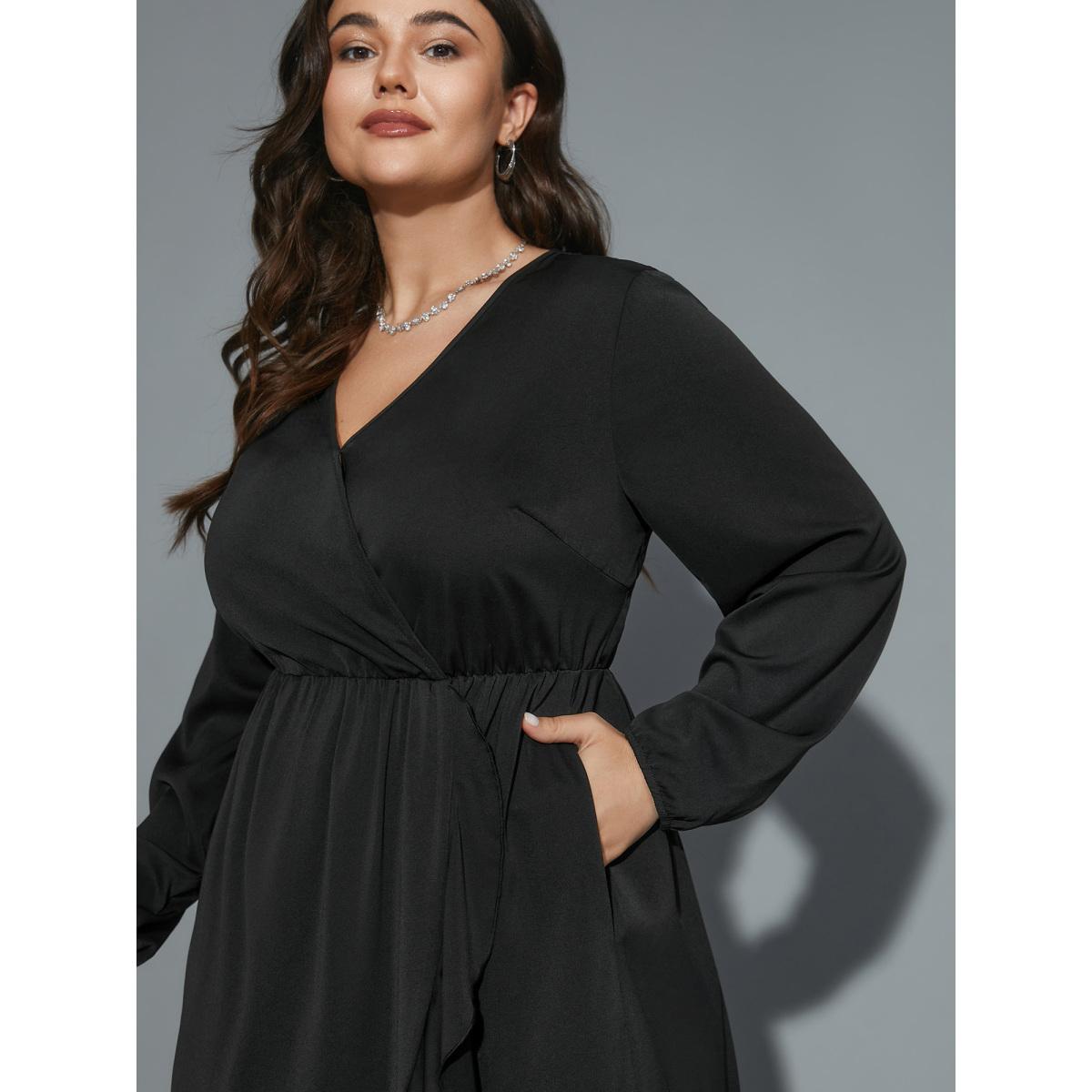 Plus Size Plain Overlap Collar Ruffle Trim Dress Black Women Elegant Overlapping Overlap Collar Long Sleeve Curvy BloomChic 18-20/2X Product Image
