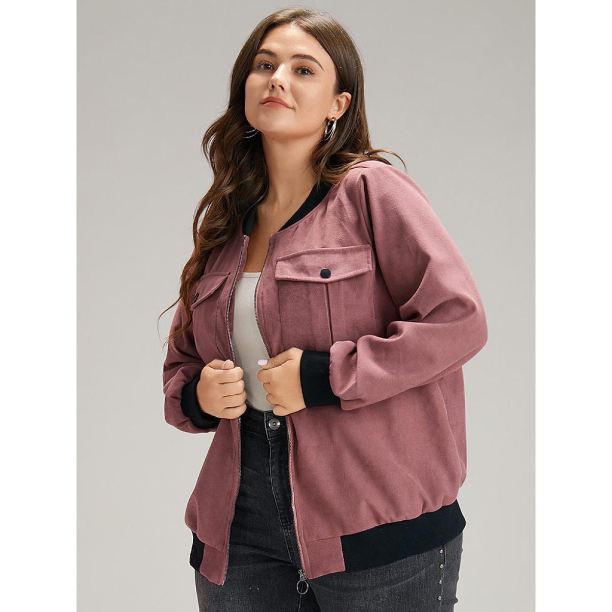 Plus Size Patchwork Contrast Pocket Zipper Button Detail Jacket Women DustyPink Elastic cuffs Pocket Dailywear Jackets BloomChic 26/4X Product Image