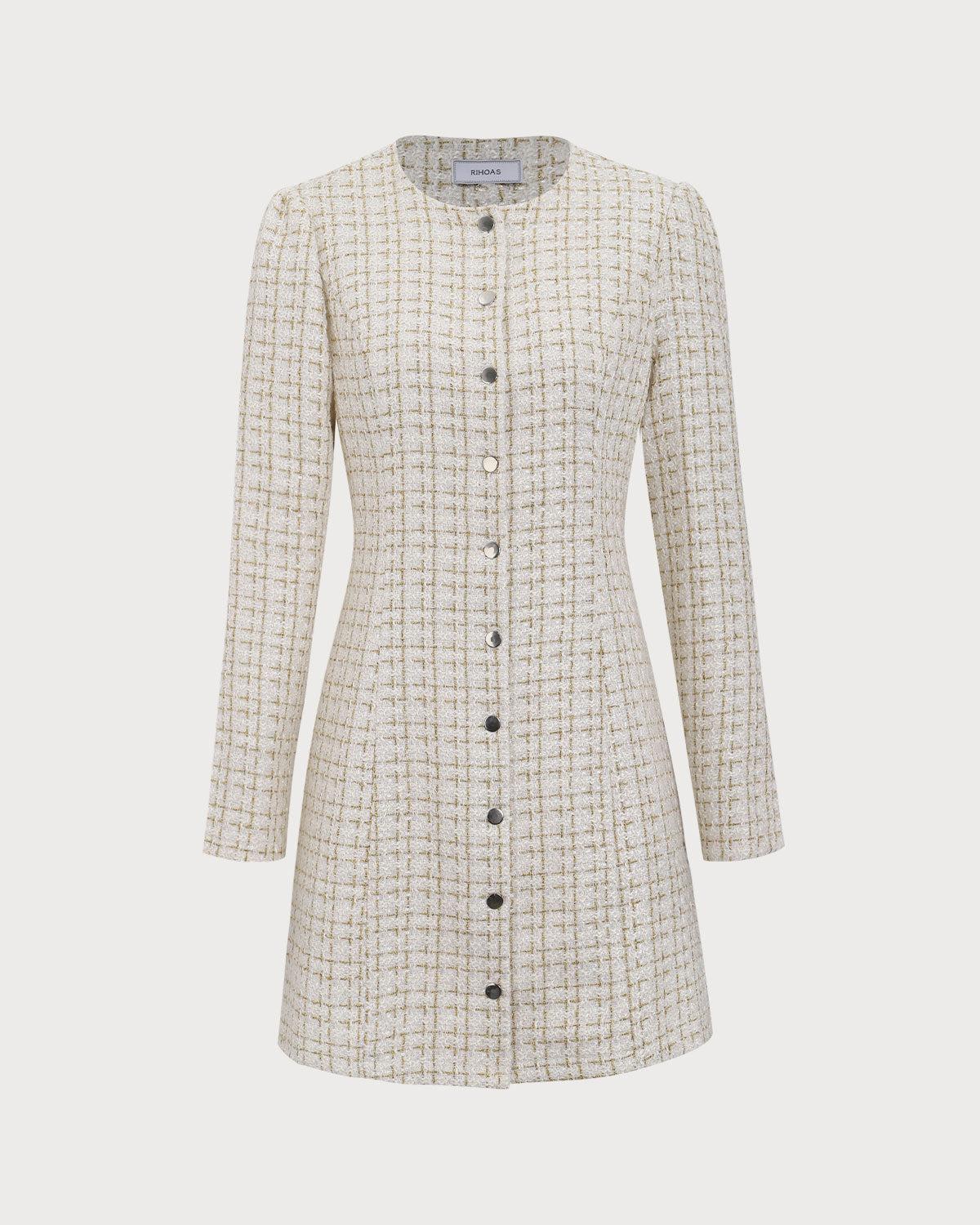 White Square Neck Tweed Mini Dress Product Image
