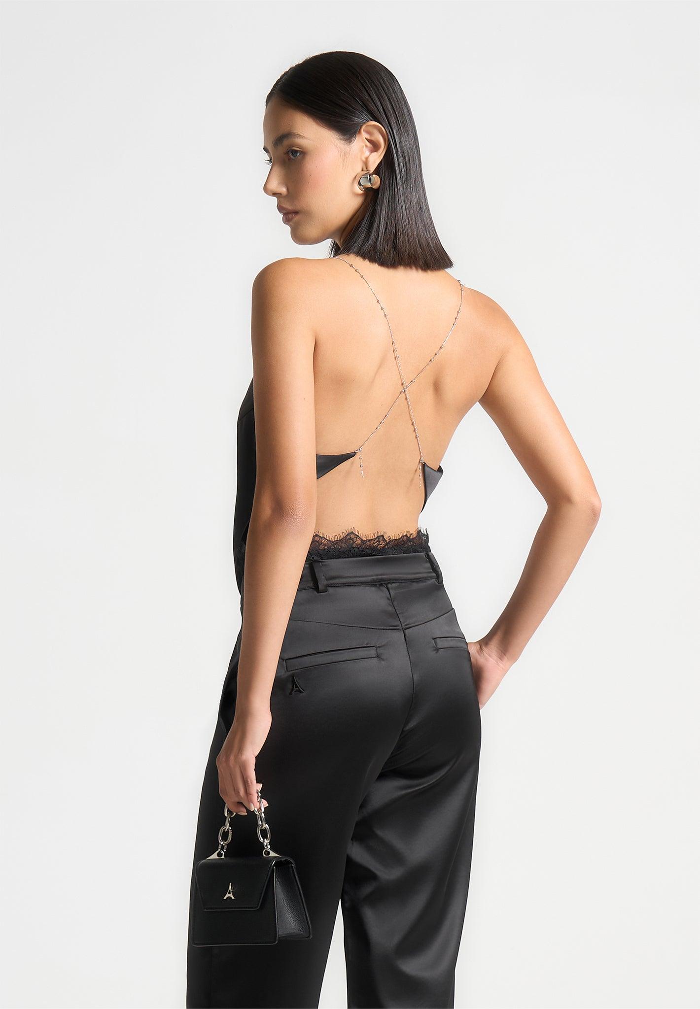 Satin Cowl Neck Top with Chain Detail - Black Female Product Image