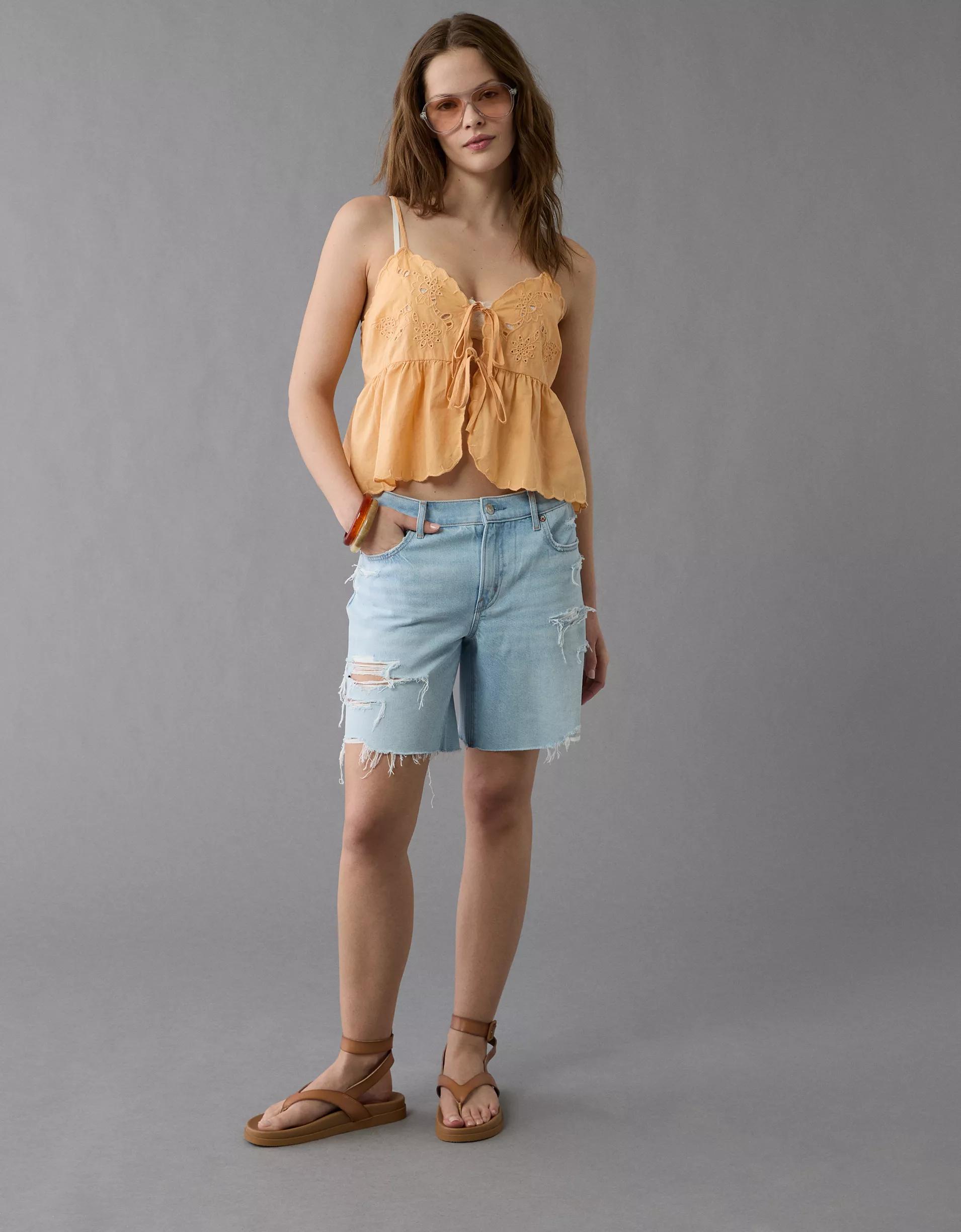 AE Tie Front Embroidered Tank Top Product Image