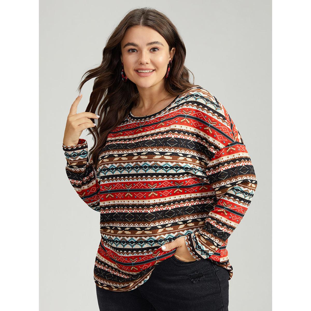 Plus Size Christmas Print Contrast Crew Neck T-shirt Multicolor Women Casual Contrast Graphic-Christmas Round Neck Festival-Christmas T-shirts BloomChic 10/M Product Image