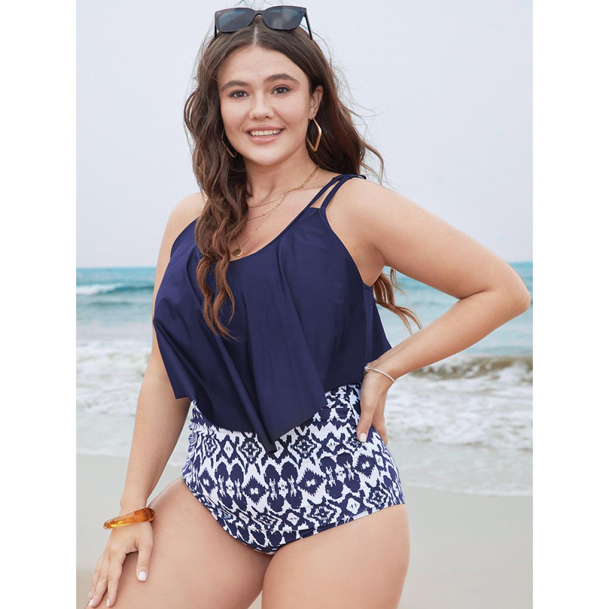 Plus Size Geometric Patchwork Ruffle Trim One Piece Swimsuit Women's Swimwear Indigo Vacation Adjustable Straps Curve Bathing Suits High stretch One Pieces BloomChic 14-16/1X Product Image