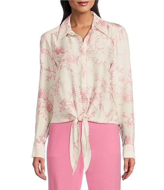 Preston & York Kinsley Satin Rose Print Long Sleeve Button Tie Front Blouse Product Image