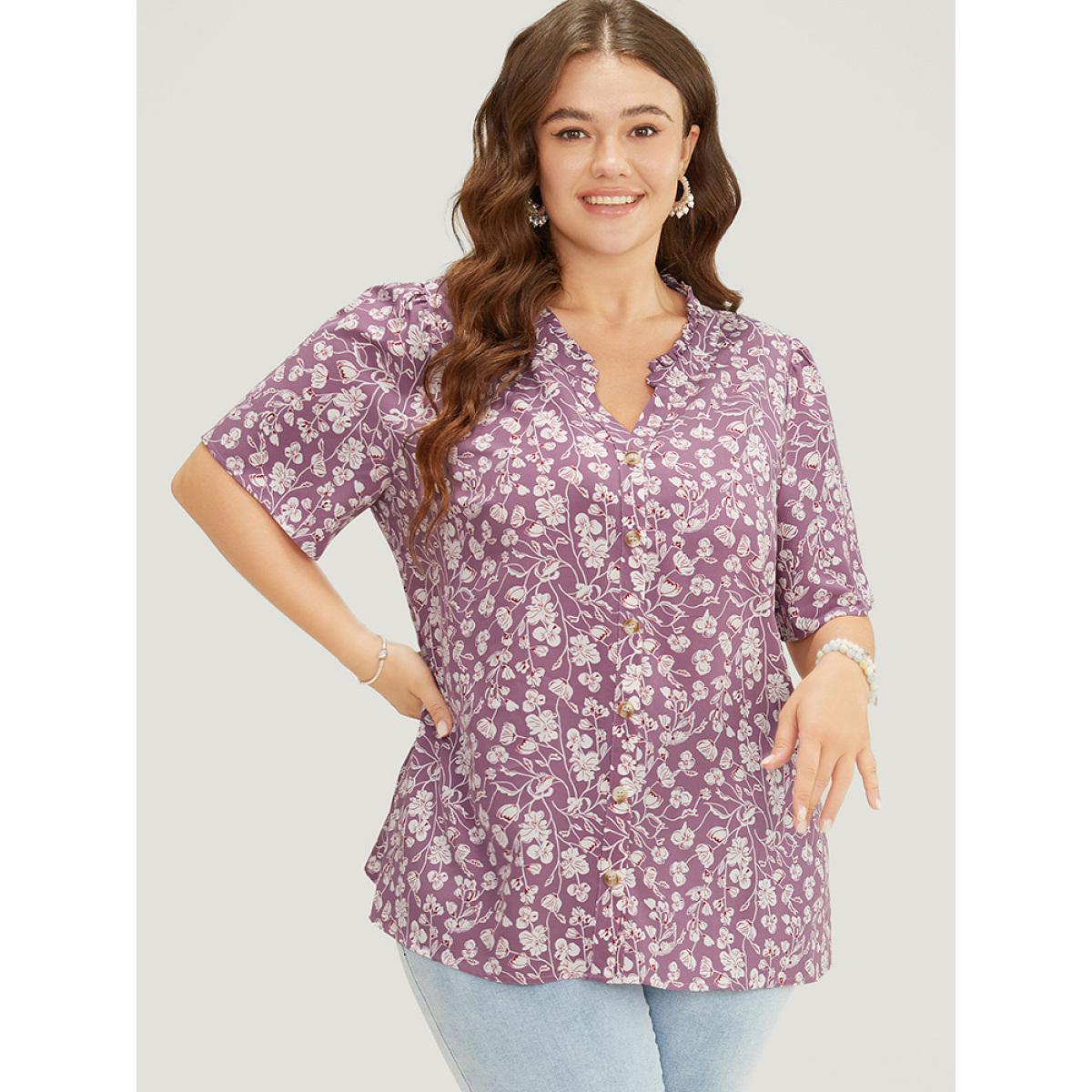 Plus Size Mauve Ditsy Floral Button Up Frill Trim Notched Blouse Women Elegant Short sleeve Notched collar Dailywear Blouses BloomChic 22-24/3X Product Image