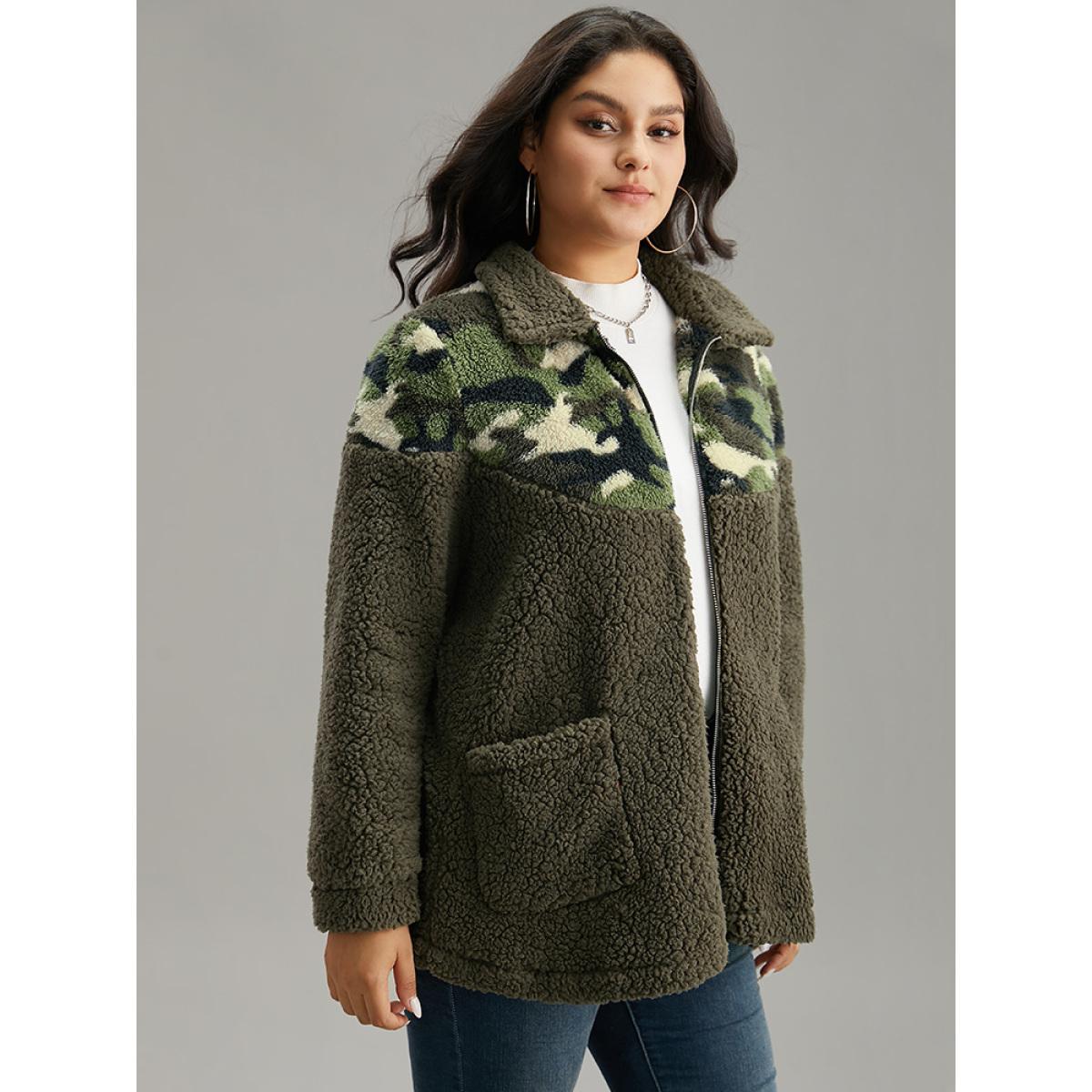 Plus Size Camo Patchwork Zipper Pocket Teddy Jacket Women ArmyGreen Contrast Pocket Dailywear Jackets BloomChic 14-16/1X Product Image