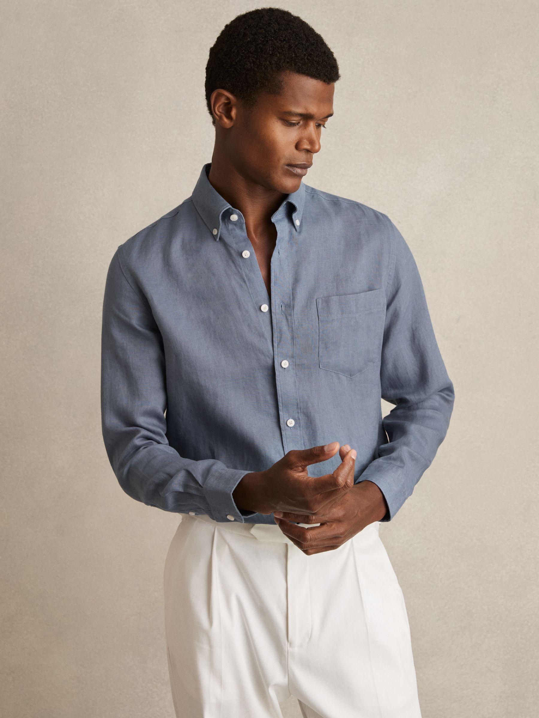 Linen Button-Through Shirt in Airforce Blue Product Image