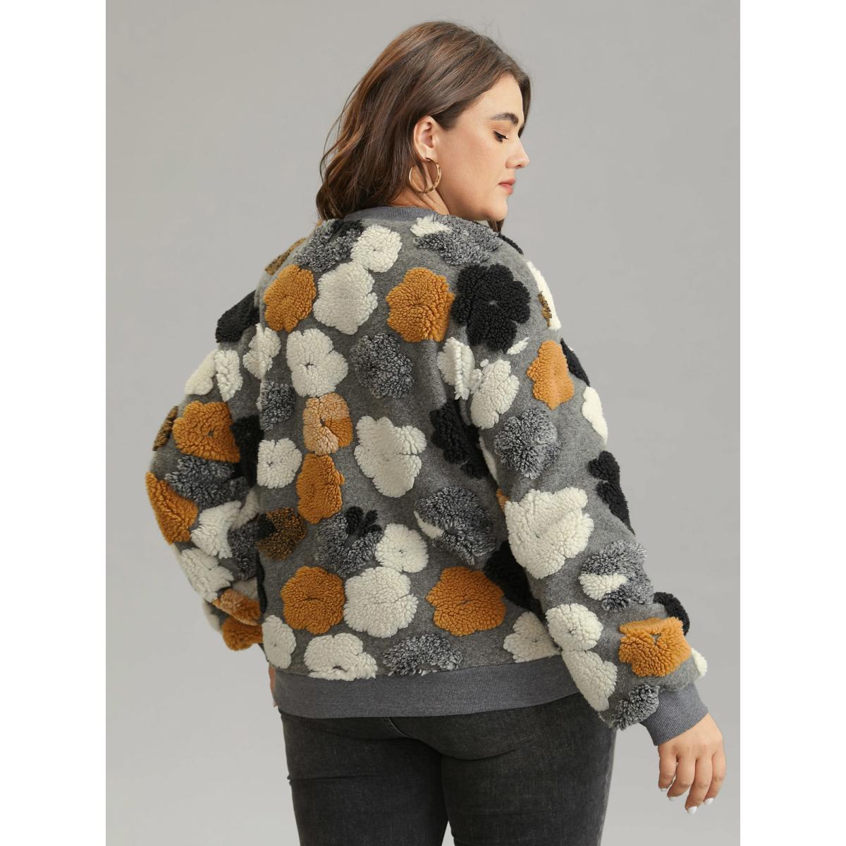 Plus Size Floral Contrast Button Up Jacquard Fluffy Jacket Women Gray Elastic cuffs Pocket Dailywear Jackets BloomChic 12/L Product Image