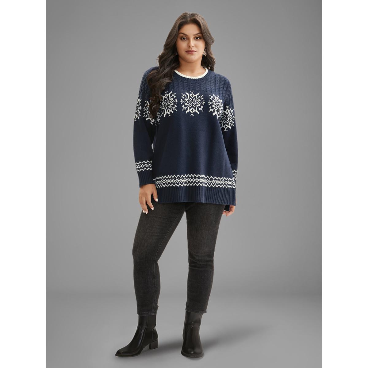 Plus Size Snowflakes Pattern Contrast Round Neck Pullover Midnight Women Casual Loose Long Sleeve Round Neck Everyday Pullovers BloomChic 26/4X Product Image