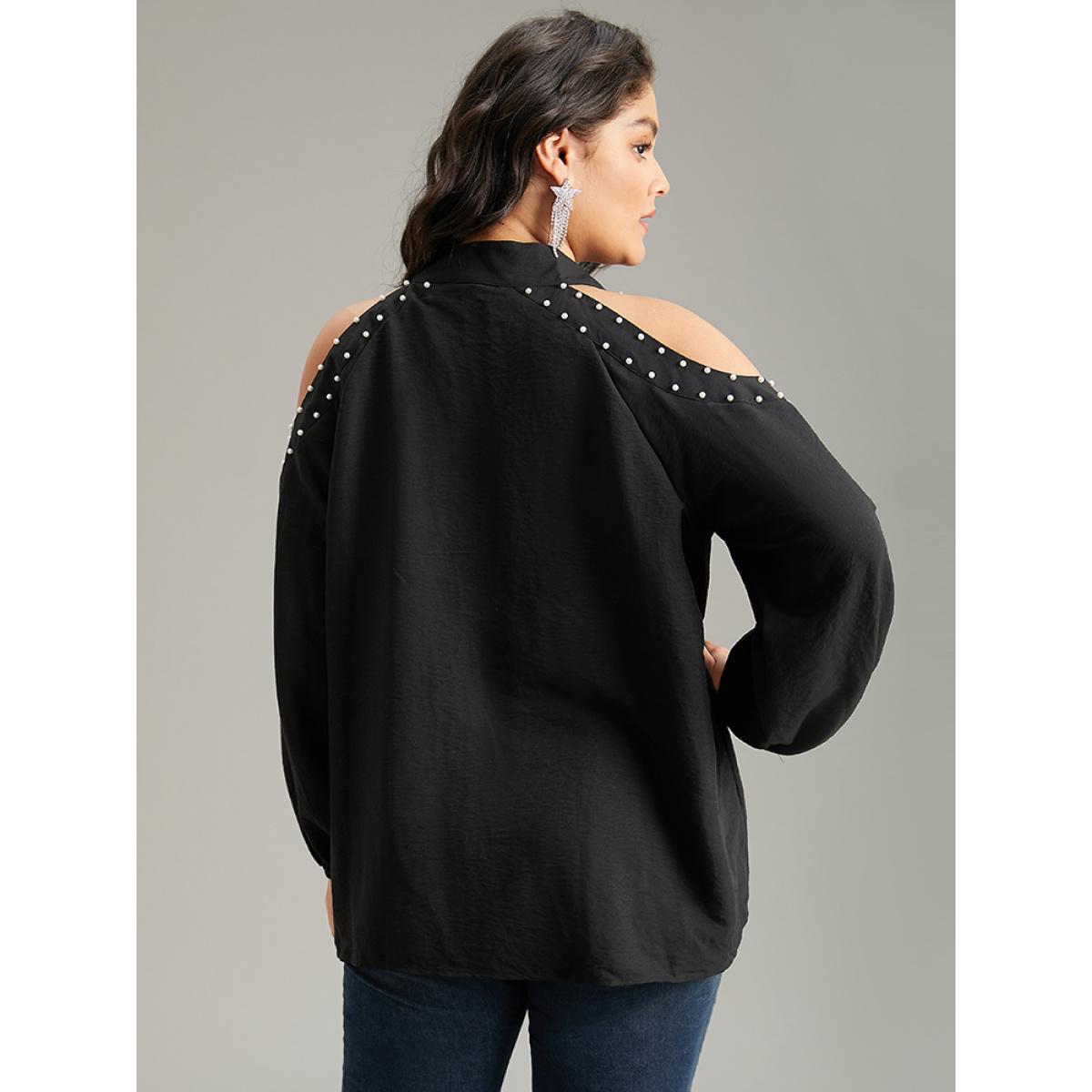 Plus Size Black Pearl Beaded Cold Shoulder Keyhole Bowknot Blouse Women Glamour Long Sleeve Cold Shoulder Going out Blouses BloomChic 30/6X Product Image