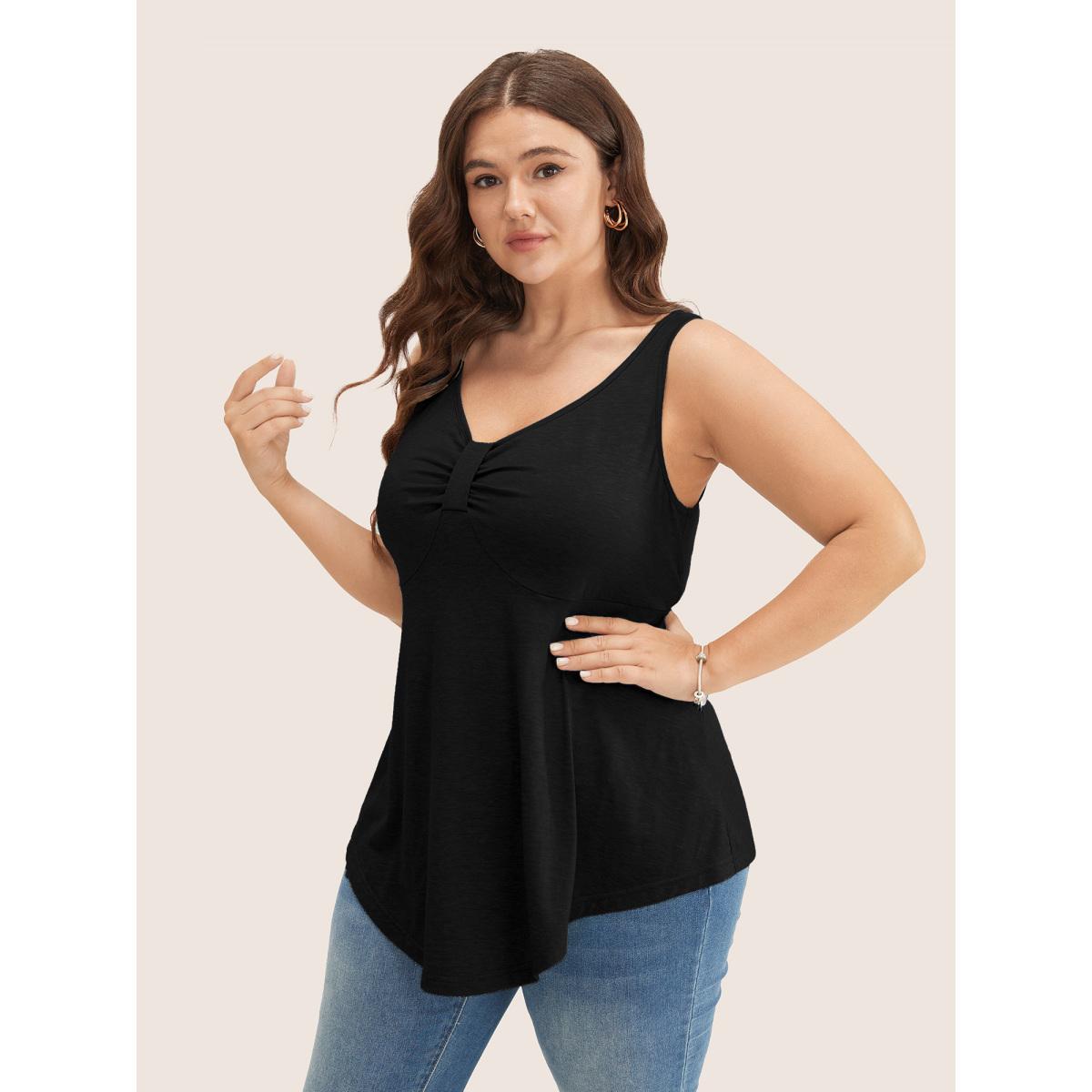Plus Size Solid Ruched Detail Asymmetrical Hem Tank Top Women Black Timeless Gathered Heart neckline Elegant Tank Tops Camis BloomChic 18-20/2X Product Image