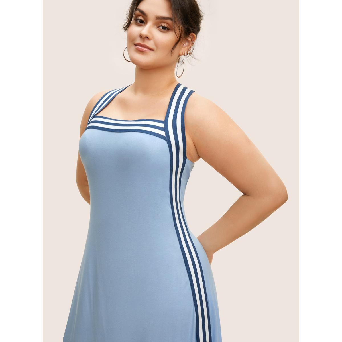 Plus Size Square Neck Striped Patchwork Midi Dress LightBlue Women Casual Woven ribbon&lace trim Square Neck Sleeveless Curvy BloomChic 28/5X Product Image