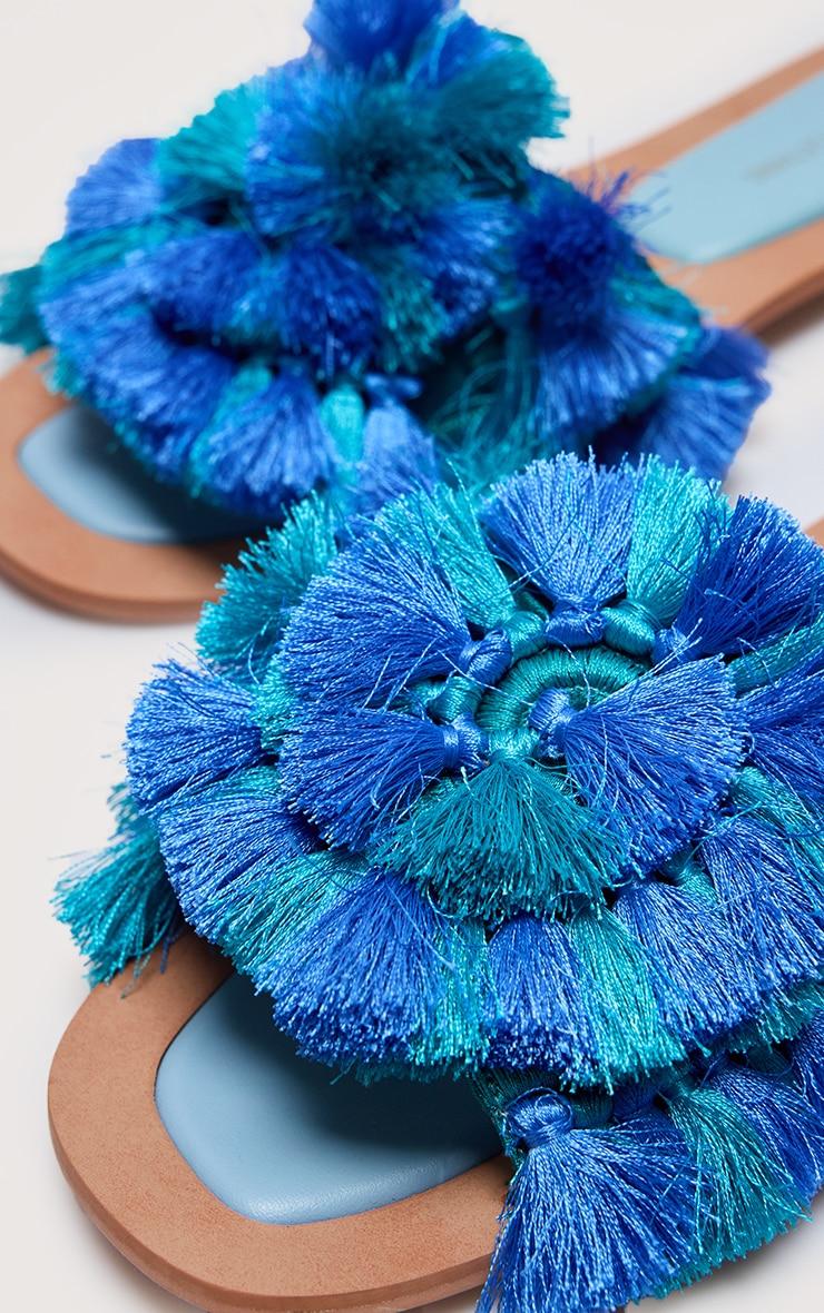 Blue Round Toe Tassel Swirl Strap Flat Mule Sandals Product Image