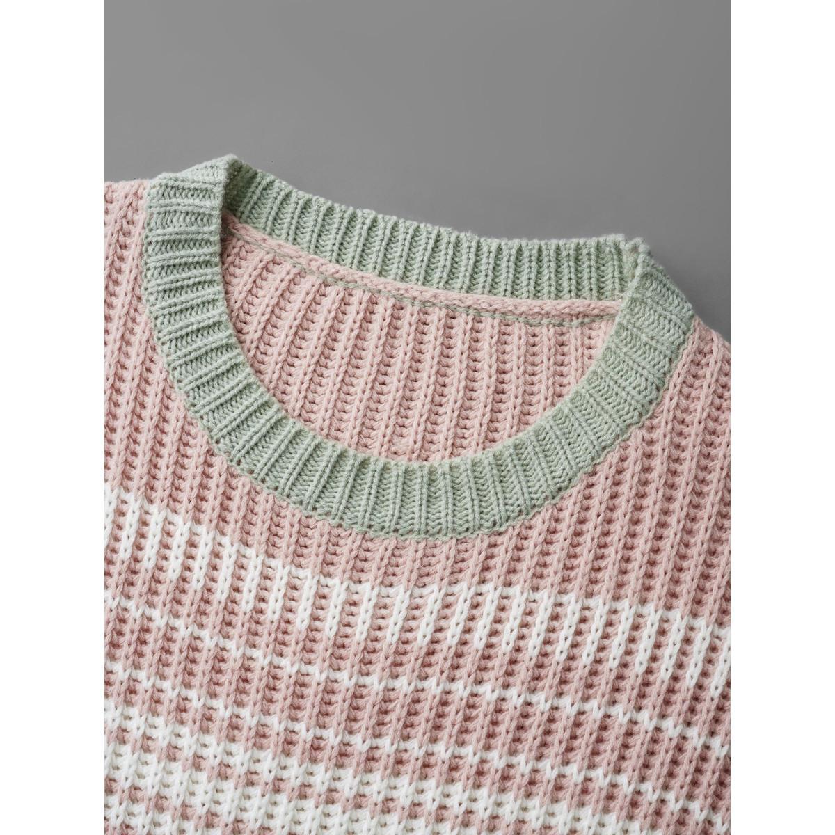 Plus Size Striped Contrast Colors Ribbed Pullover Greenbean Women Casual Loose Long Sleeve Round Neck Everyday Pullovers BloomChic 22-24/3X Product Image