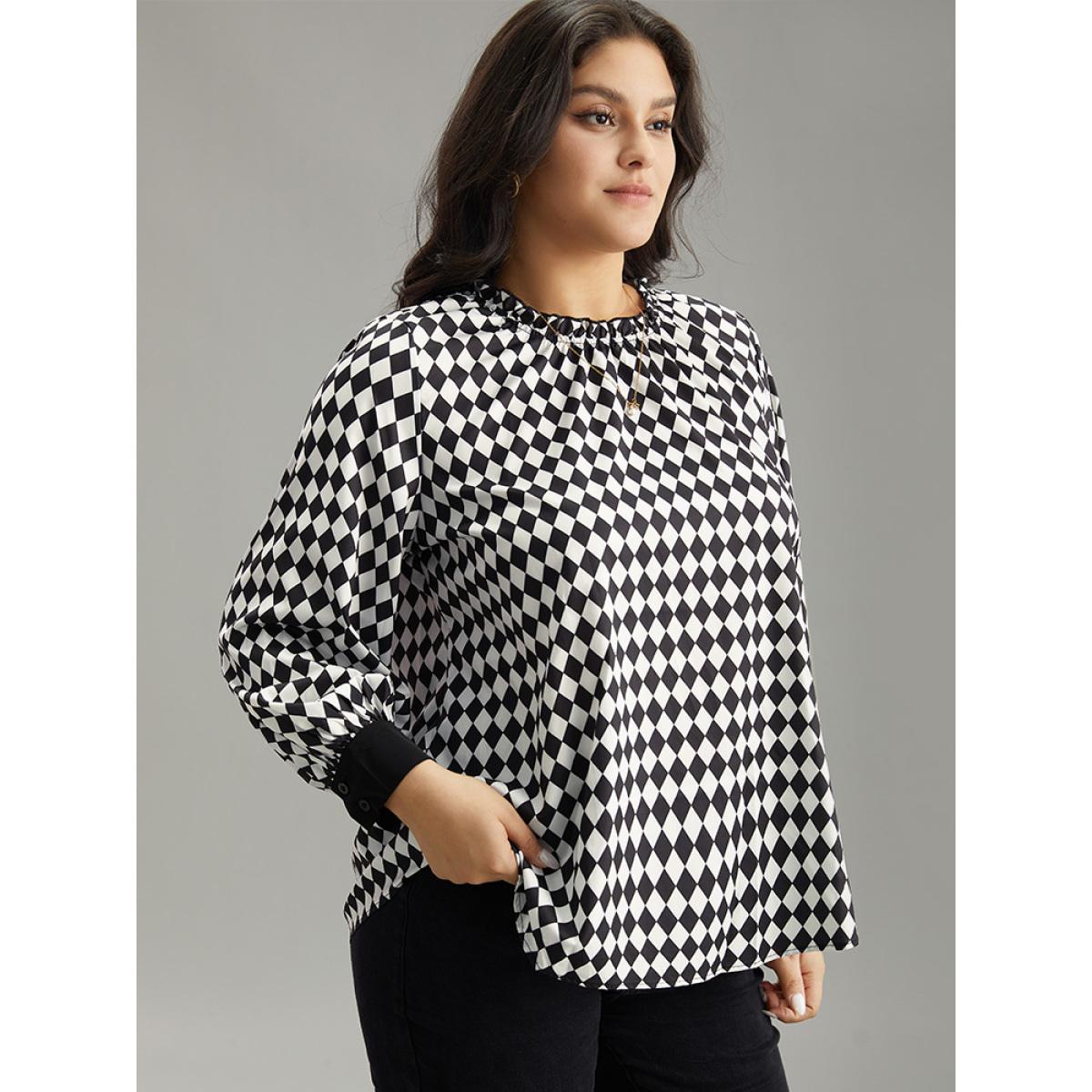 Plus Size Black Halloween Check Frill Trim Gathered Patchwork Blouse Women Elegant Long Sleeve Round Neck Dailywear Blouses BloomChic 22-24/3X Product Image