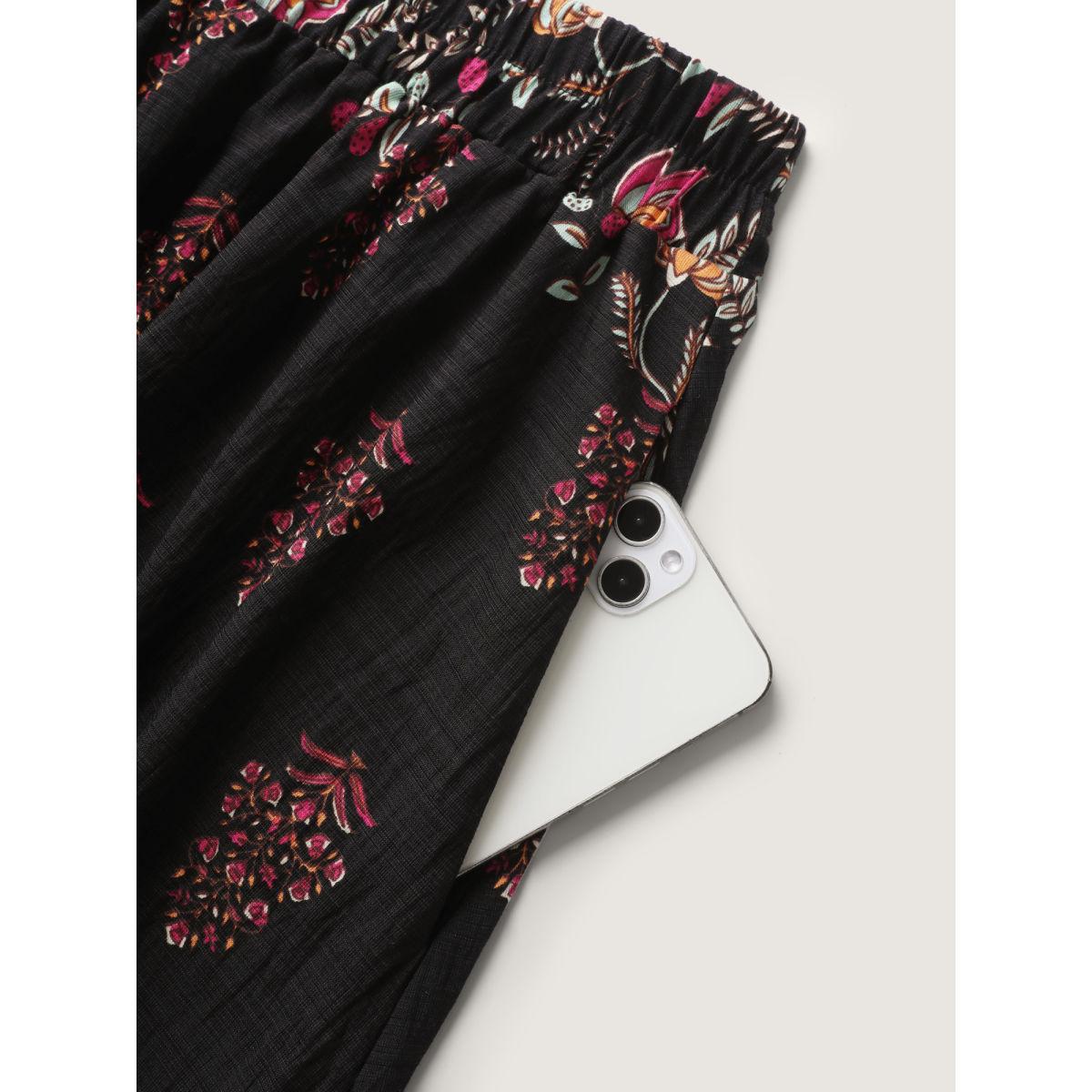 Plus Size Boho Floral Waist Stretchy Midi Skirt Women DarkGray Resort Bodycon Low stretch Side seam pocket Vacation Skirts BloomChic 10/M Product Image