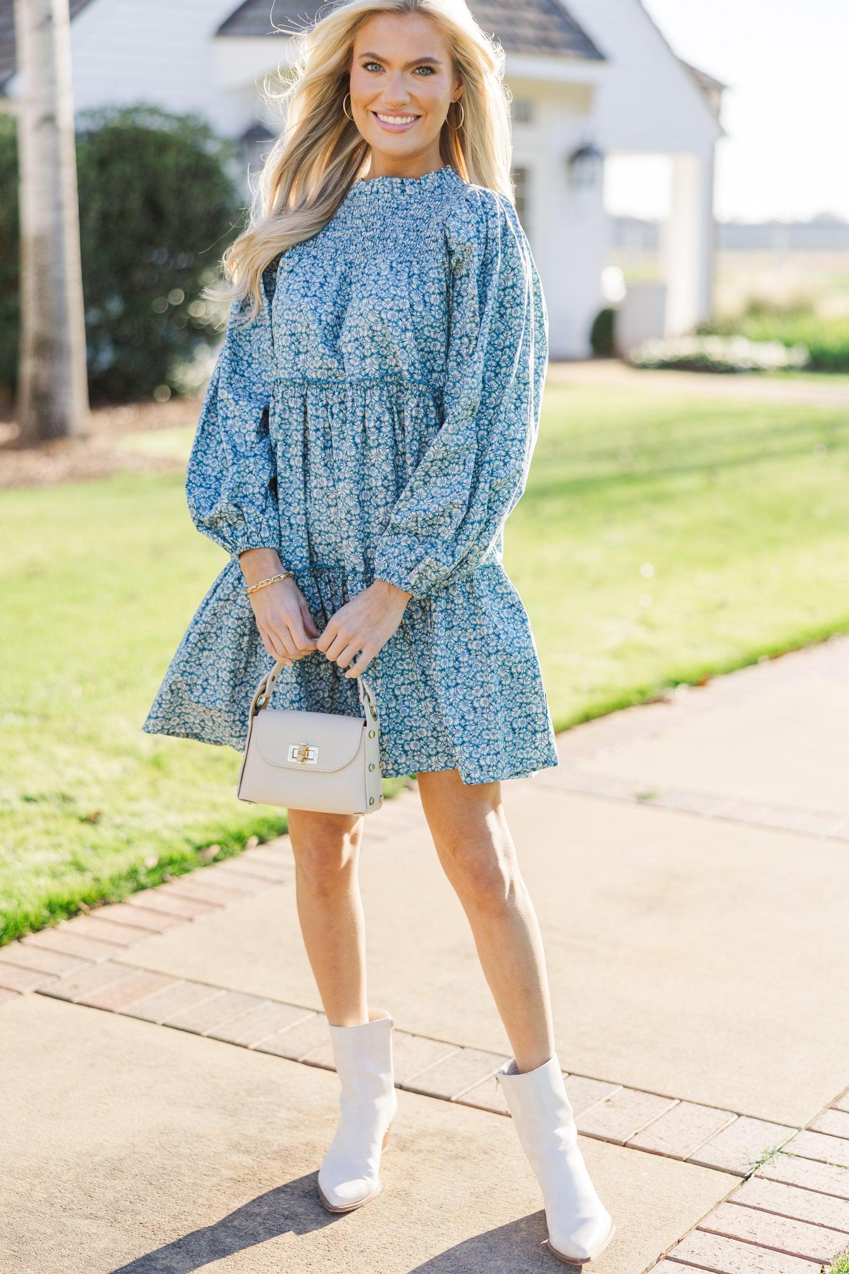 Be Your Best Blue Ditsy Floral Babydoll Dress Female Product Image