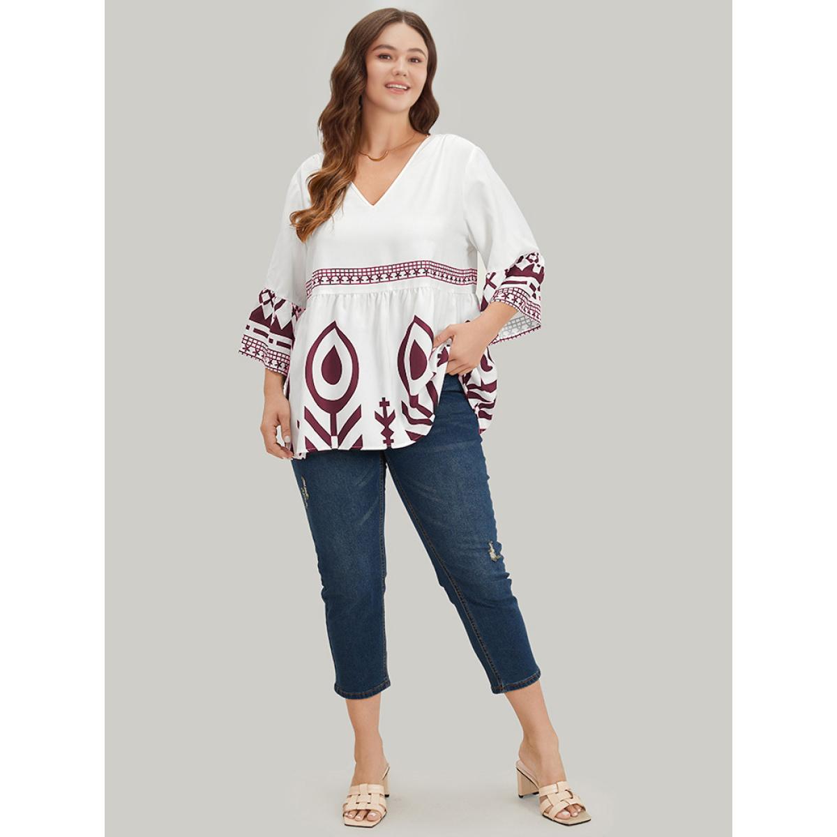 Plus Size Scarlet Silhouette Floral Print Bell Sleeve Ruffle Hem Blouse Women Vacation Elbow-length sleeve V-neck Dailywear Blouses BloomChic 30/6X Product Image