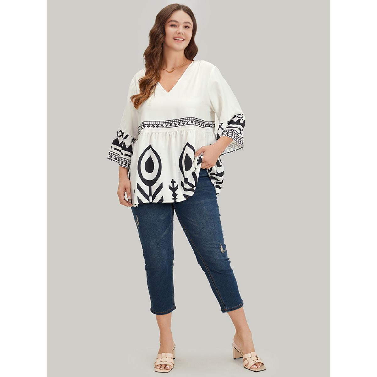 Plus Size Ivory Silhouette Floral Print Bell Sleeve Ruffle Hem Blouse Women Vacation Elbow-length sleeve V-neck Dailywear Blouses BloomChic 18-20/2X Product Image