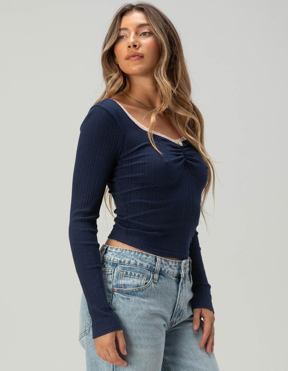 RSQ Womens Lace Trim Texture Long Sleeve Top - HEATHER GRAY Product Image