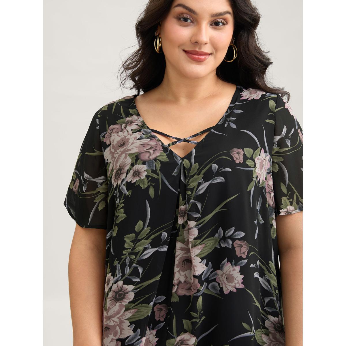 Plus Size Black Chiffon Floral Crisscross Hanky Hem Blouse Women Romantic Short sleeve V-neck Elegant Blouses BloomChic 14-16/1X Product Image