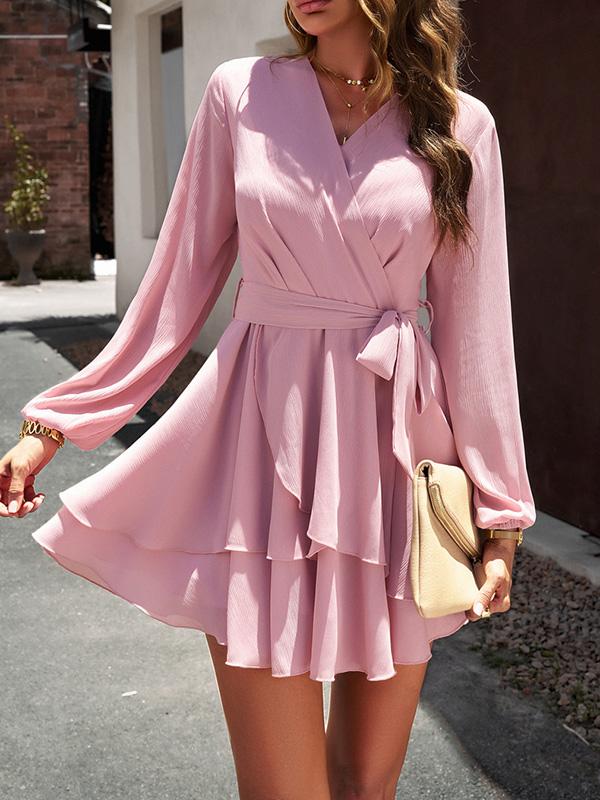 A-Line High Waisted Ruffled Solid Color Tied Waist V-Neck Mini Dresses Product Image