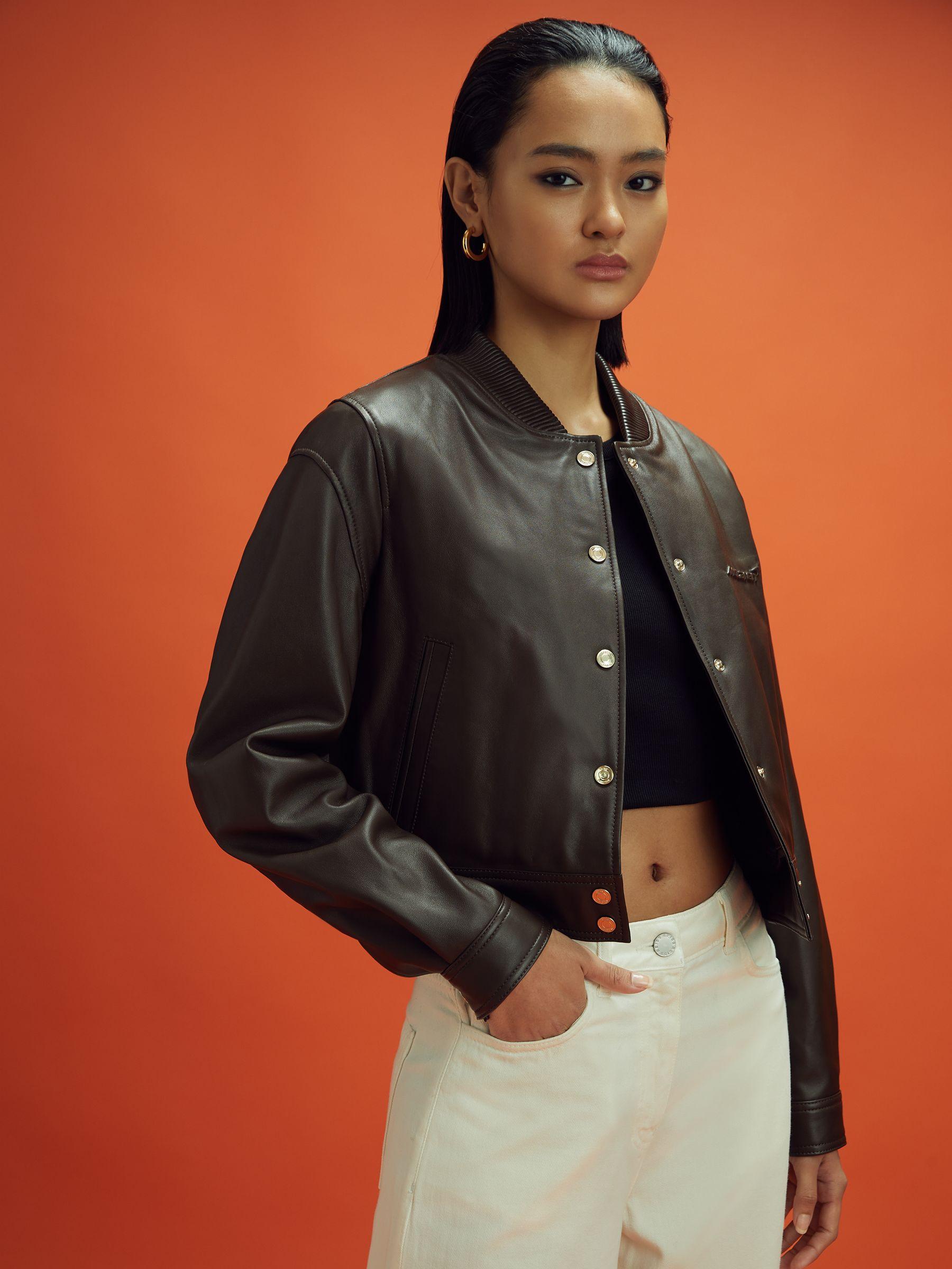 McLaren F1 Cropped Leather Bomber Jacket in Chocolate Product Image