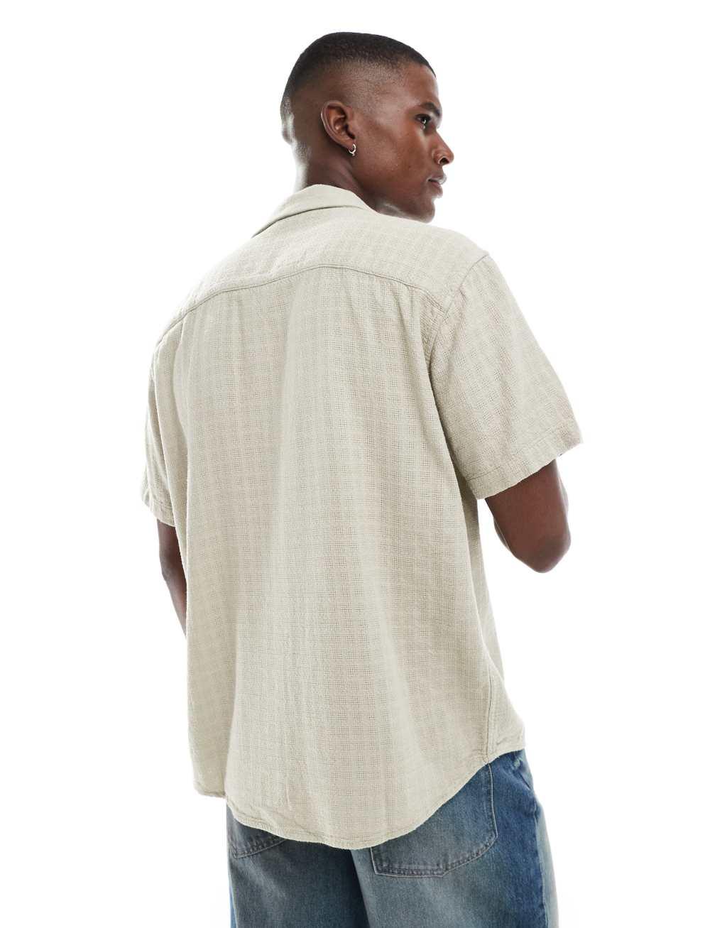 ONLY & SONS short sleeve linen mix textured shirt in beige Product Image