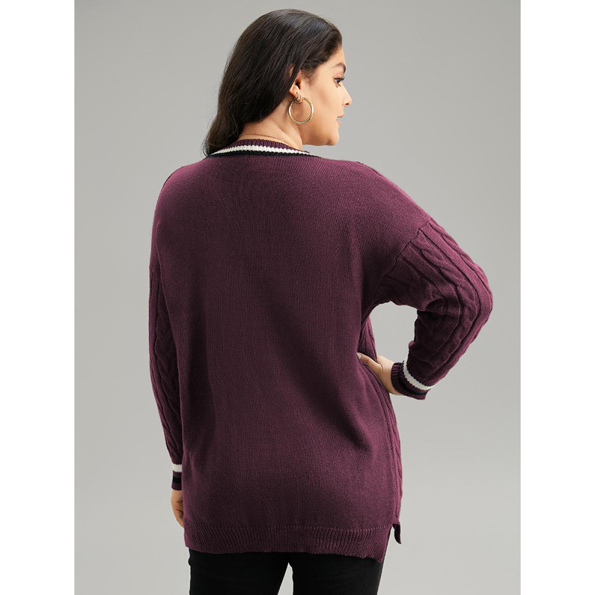 Plus Size Cable Knit Contrast Trim Drop Shoulder Pullover Burgundy Women Casual Loose Long Sleeve V-neck Dailywear Pullovers BloomChic 14-16/1X Product Image
