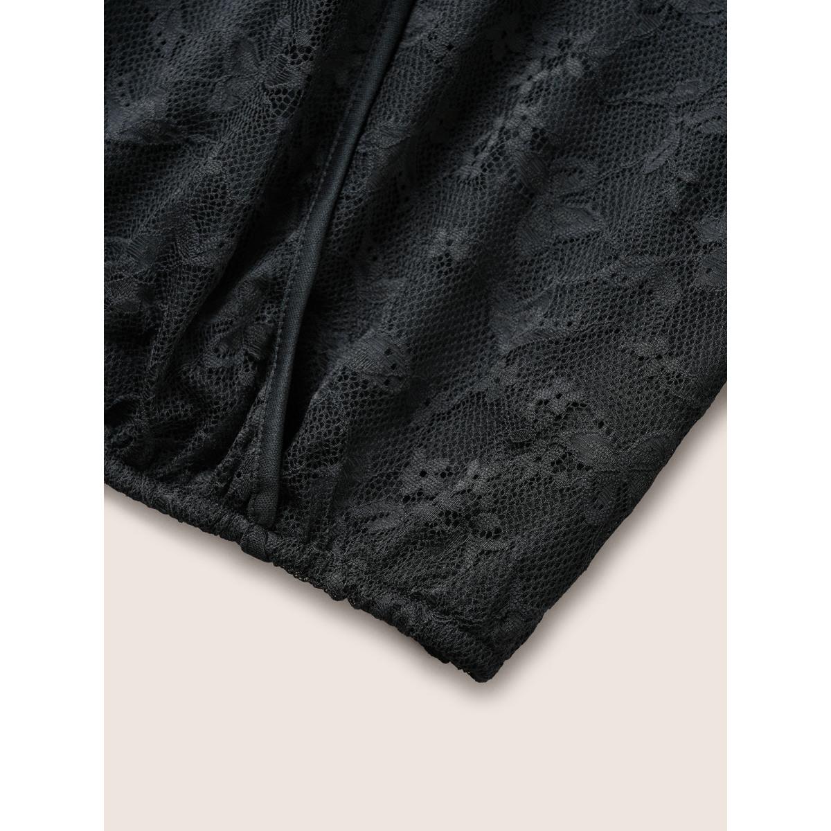 Plus Size Black Overlap Collar Mesh Patchwork Lace Insert Blouse Women Cocktail Short sleeve Overlap Collar Party Blouses BloomChic 14-16/1X Product Image